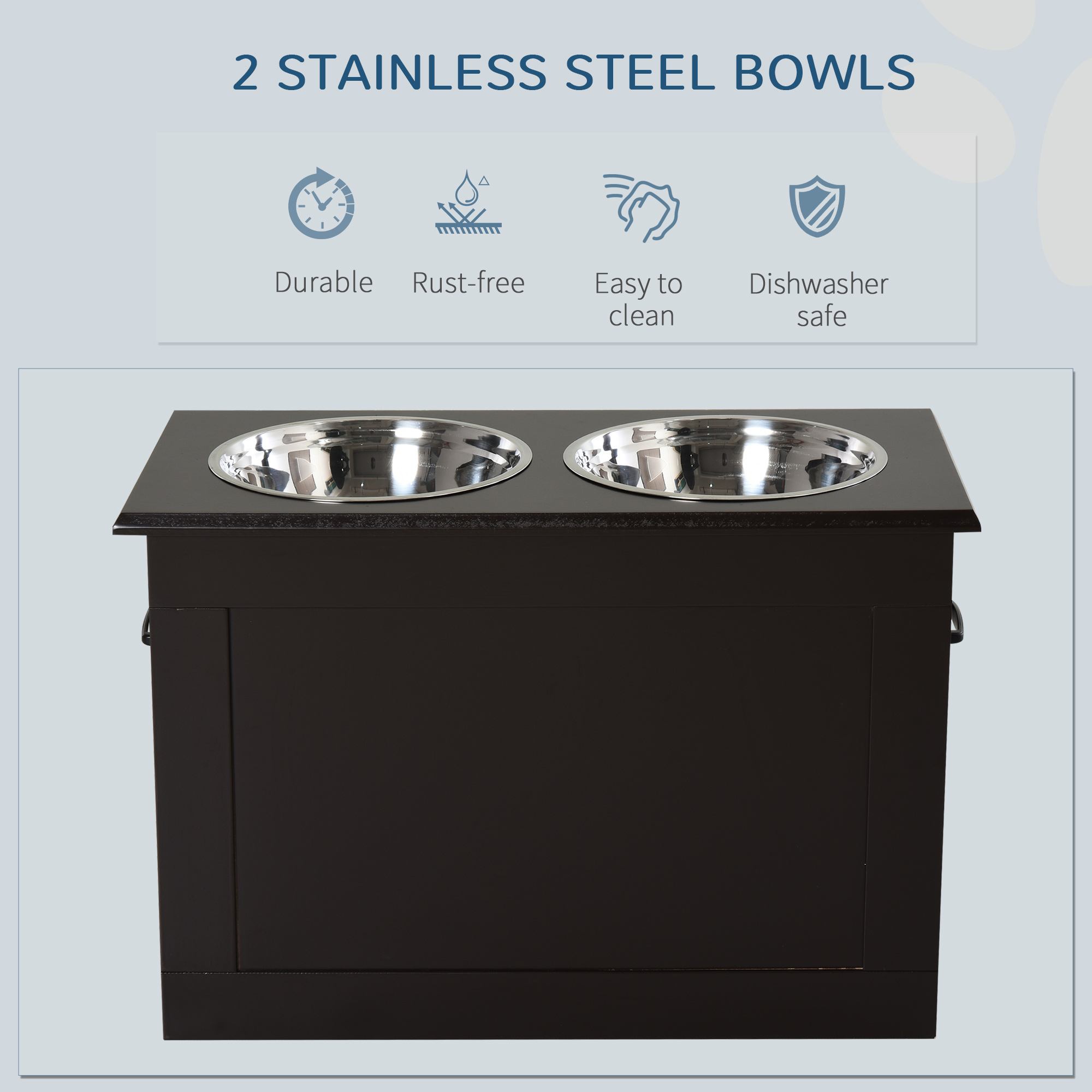  Raised Pet Feeding Storage Station with 2 Stainless Steel Bowls Base for Large Dogs and Other Large Pets, Coffee