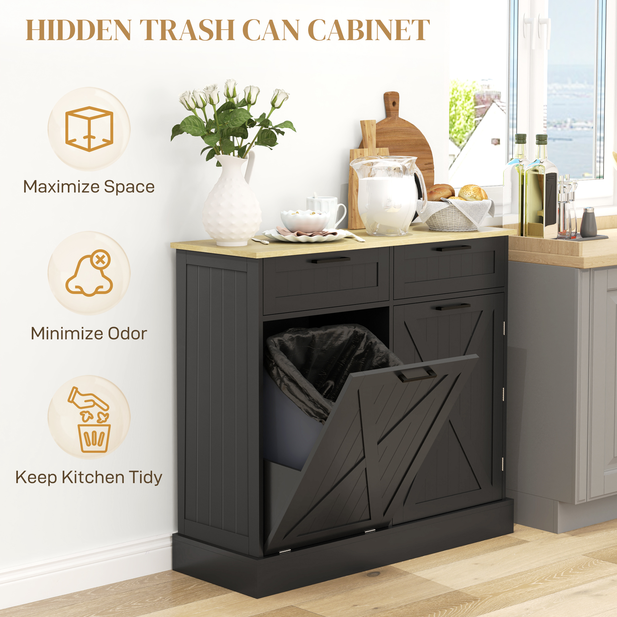 10 Gallon Farmhouse Kitchen Cabinet with Hidden Trash Can view 3