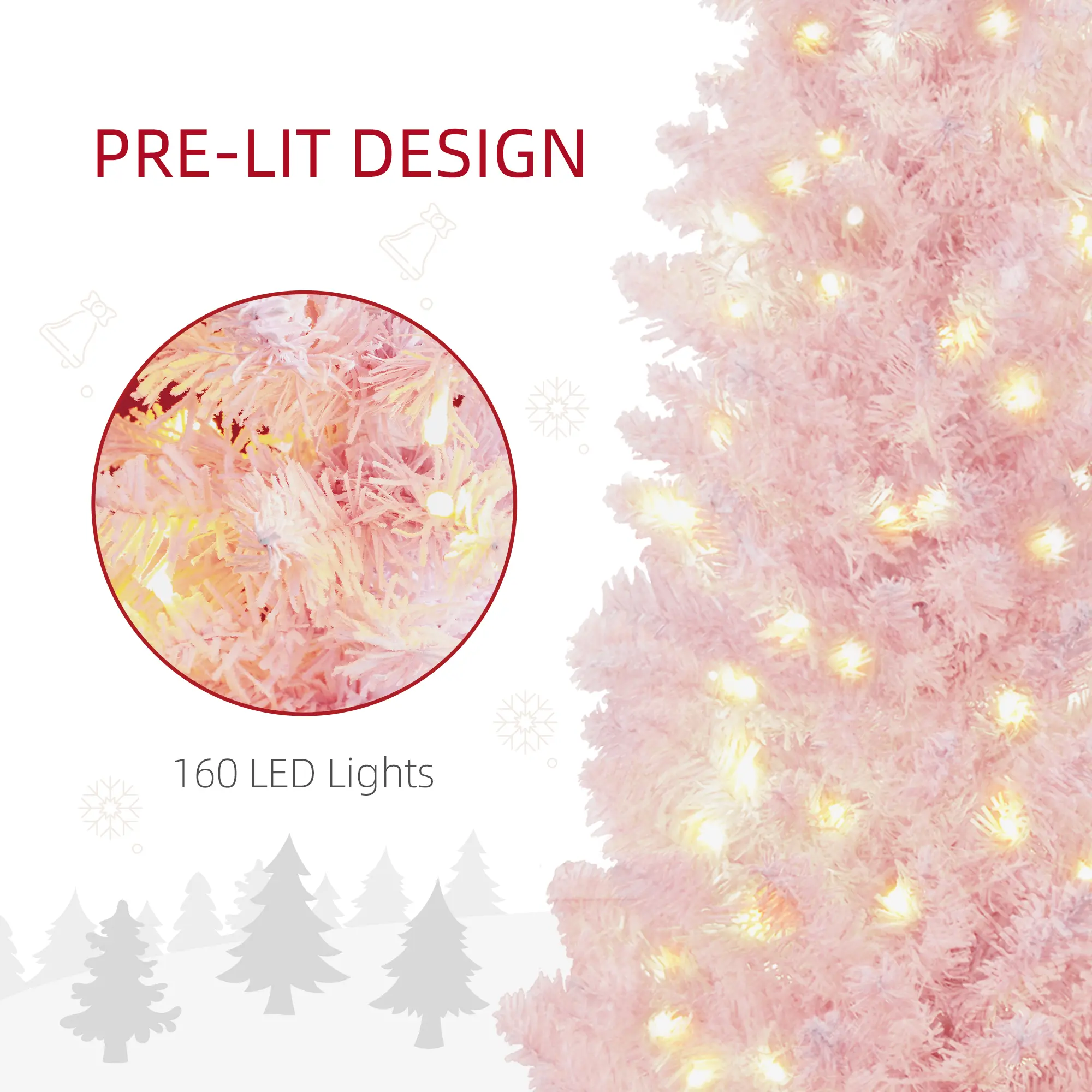 5ft Pencil Christmas Tree, Slim Artificial Christmas Tree with Snow Flocked Branches and Warm White LED Lights, Pink