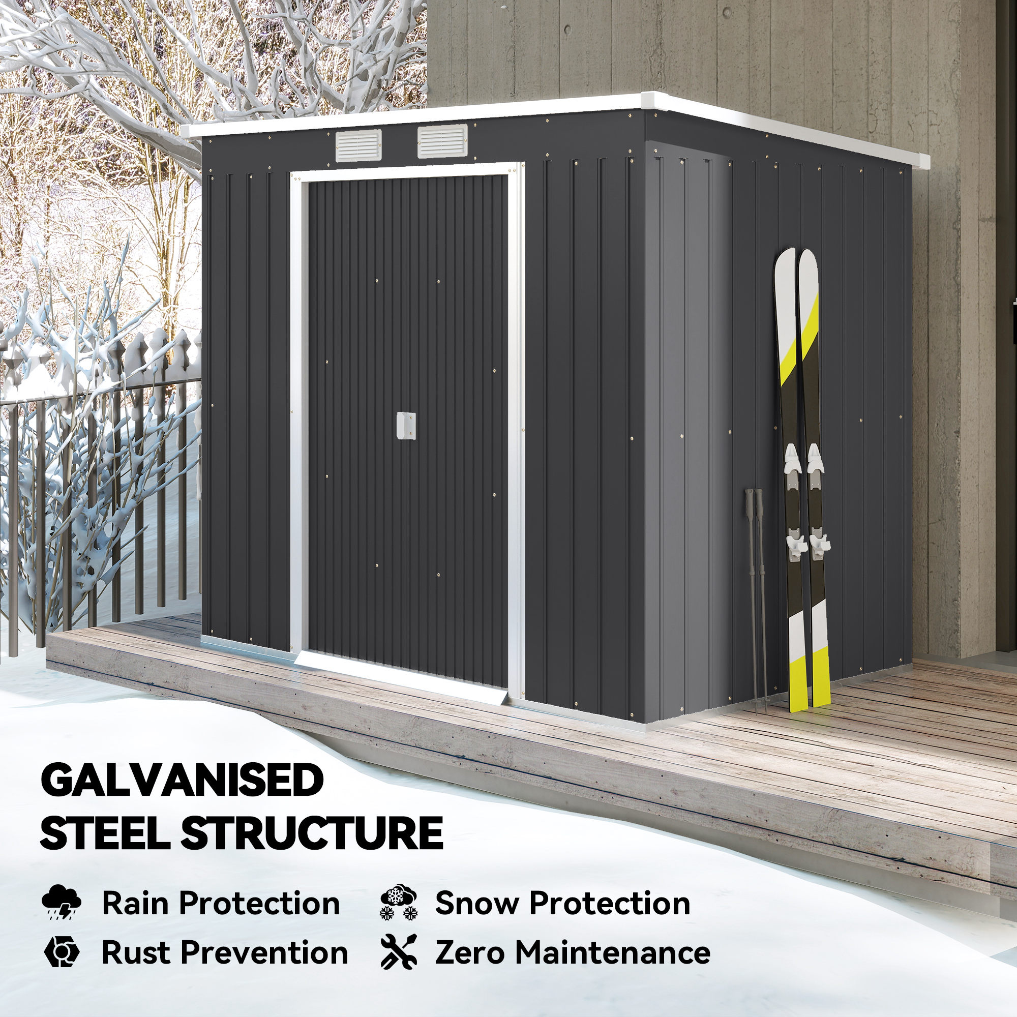 7 X 4ft Galvanised Steel Garden Shed, With Foundation Kit - Dark Grey