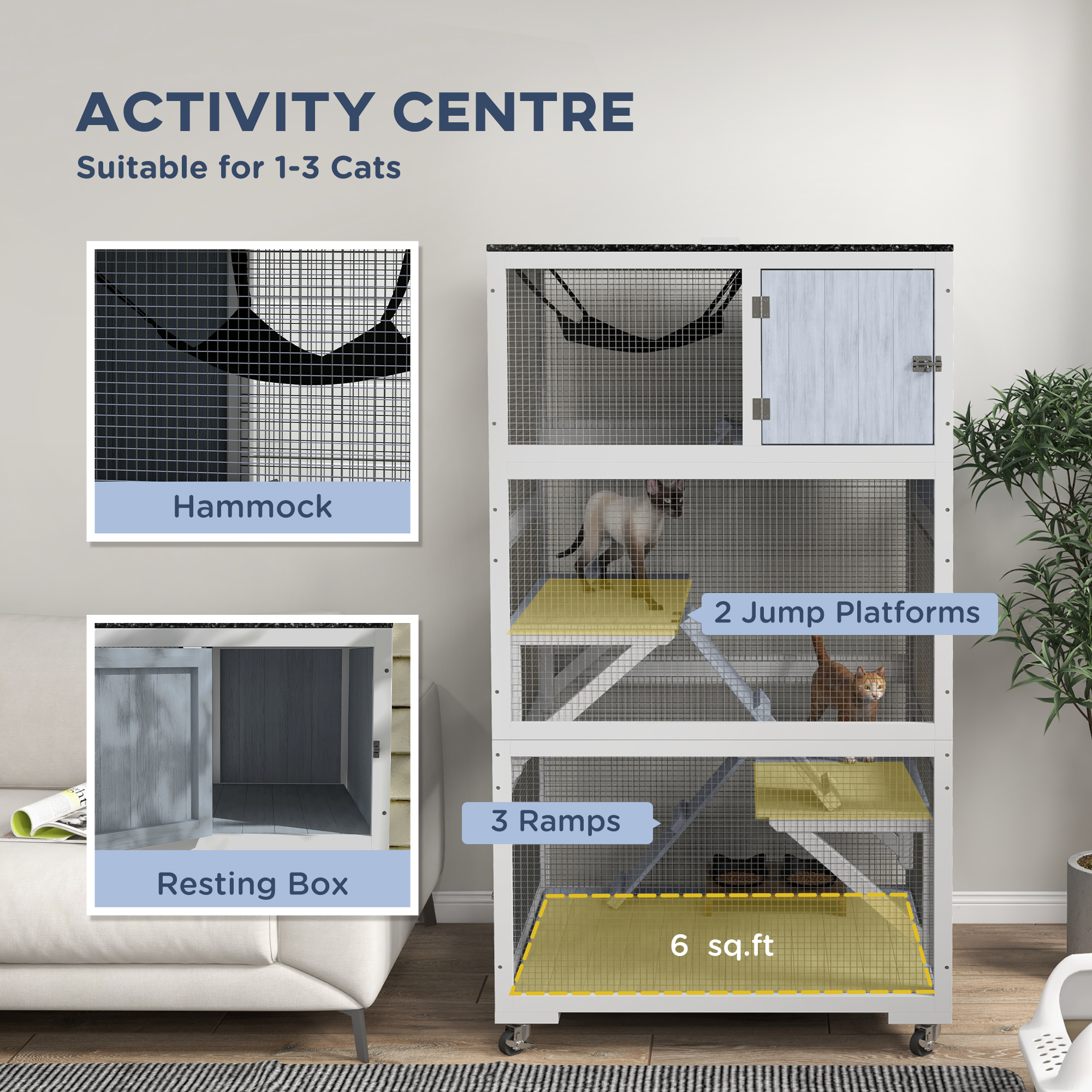  Catio, Outdoor Cat Enclosure House on Wheels with Hammock, Gray