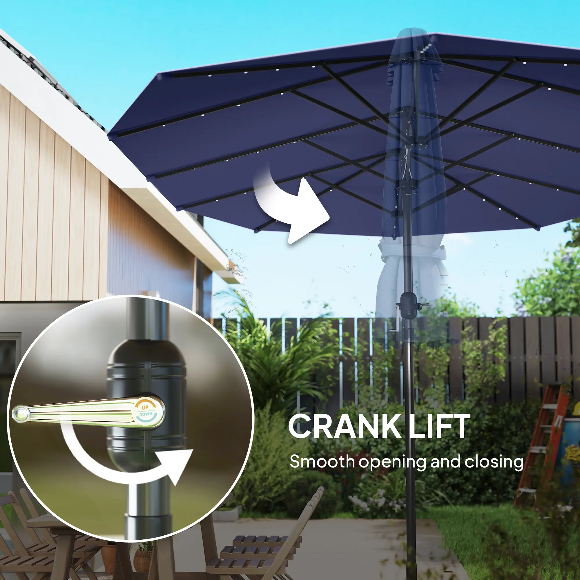 Garden Parasol, Double-Sided Sun Umbrella with LED Solar Lights, Patio Parasol for Outdoor, Navy Blue