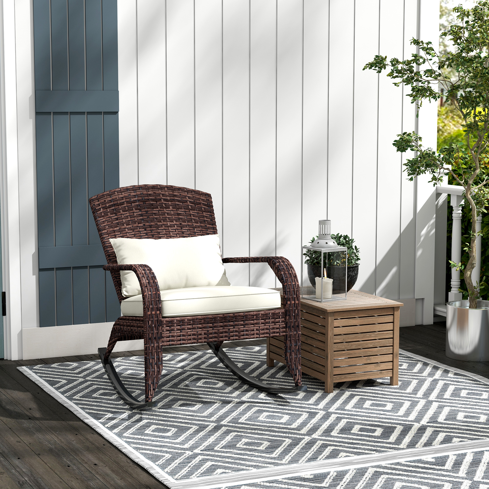  Adirondack Chair, Outdoor Wicker Rocking Chair with High Back, Seat Cushion, and Pillow for Porch, Balcony, Cream White