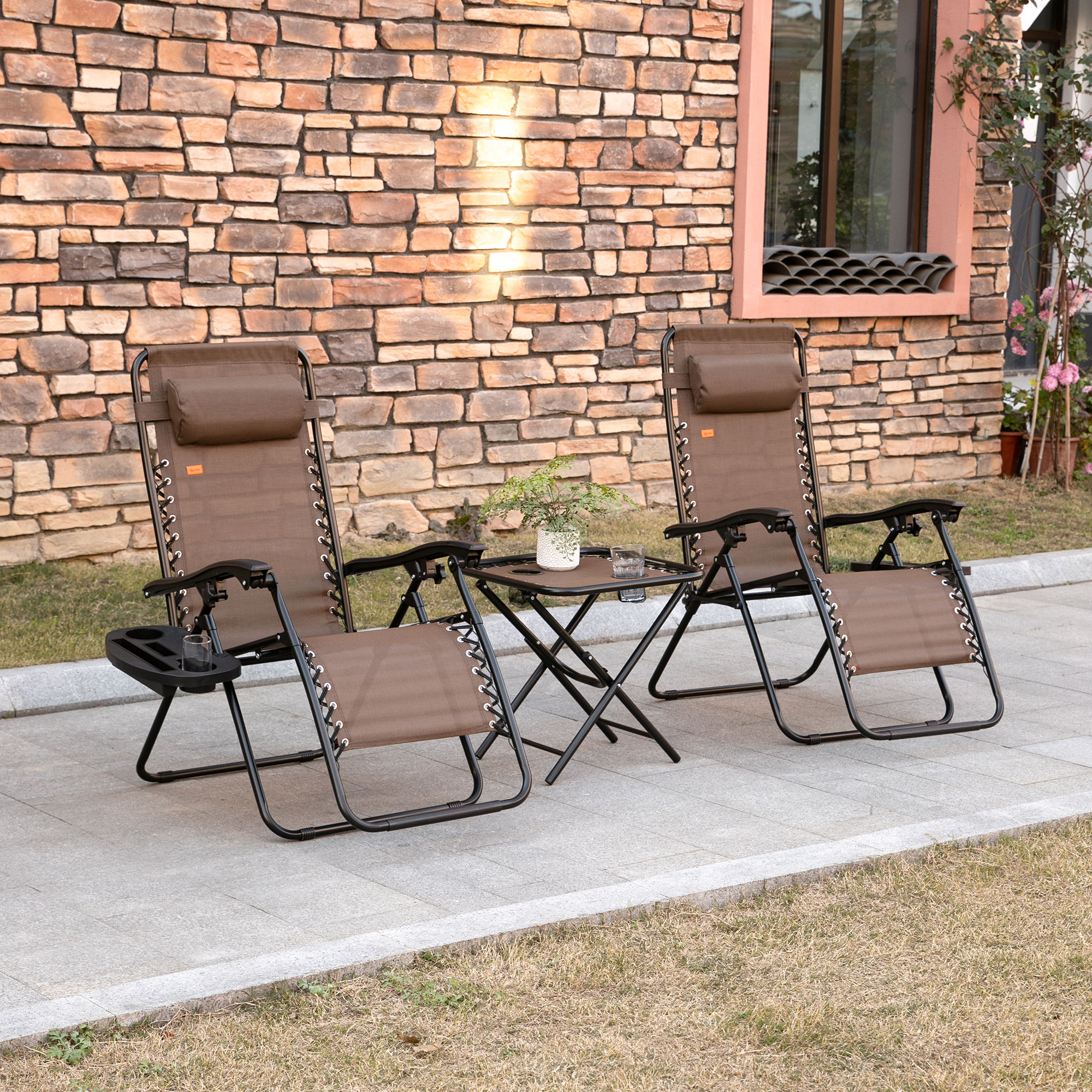  Zero Gravity Chair Set with Side Table, Folding Reclining Chair with Cupholders & Pillows, Adjustable Lounge Chairs for Pool, Backyard, Lawn, Beach, Brown