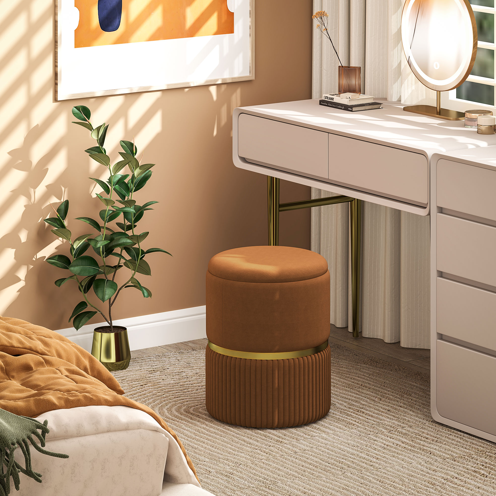 Velvet-Feel Storage Ottoman - Brown — image 2