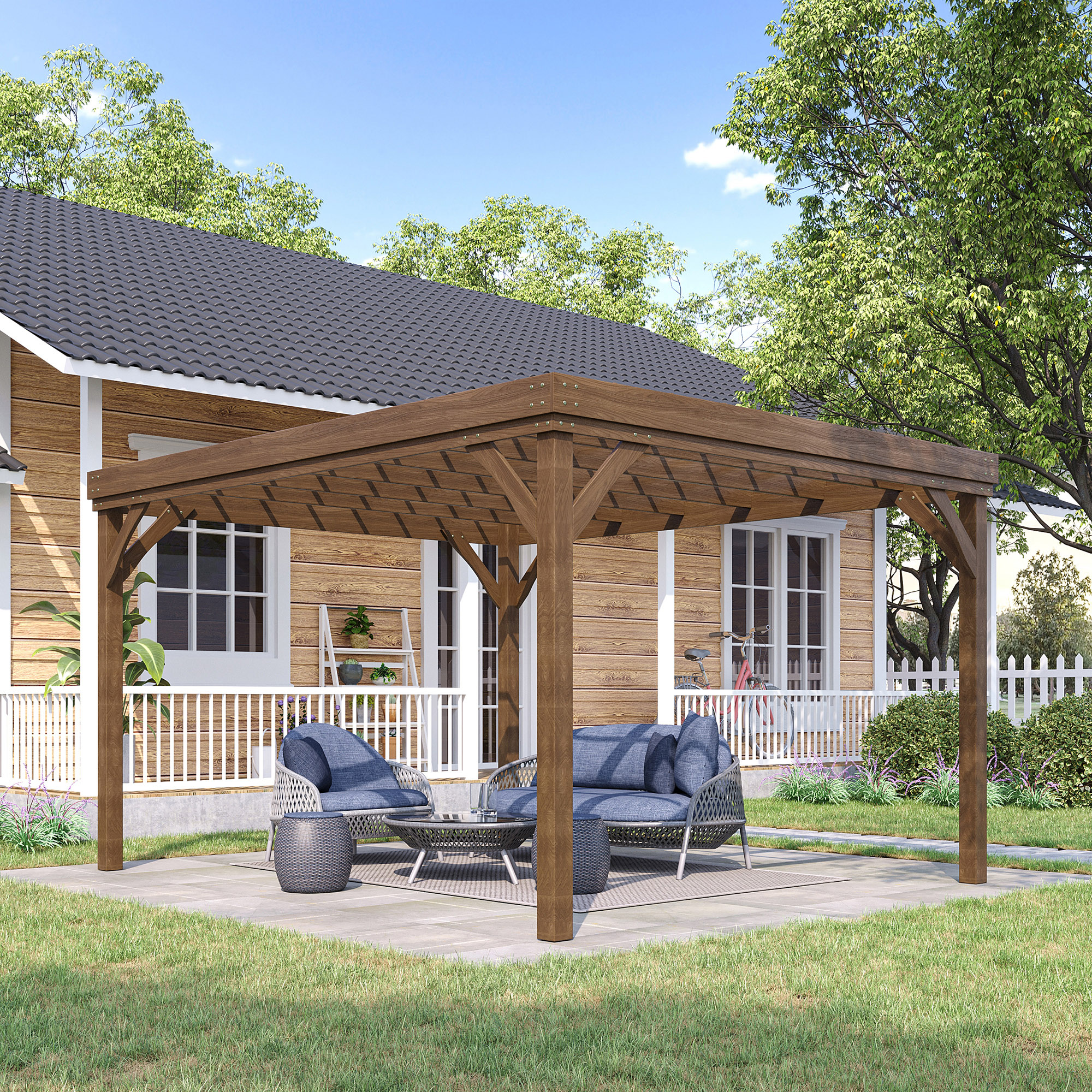 10 x 12 Outdoor Wooden Pergola, Grape Vine Gazebo with Concrete Anchors for Garden, Patio, Backyard, Deck, Brown