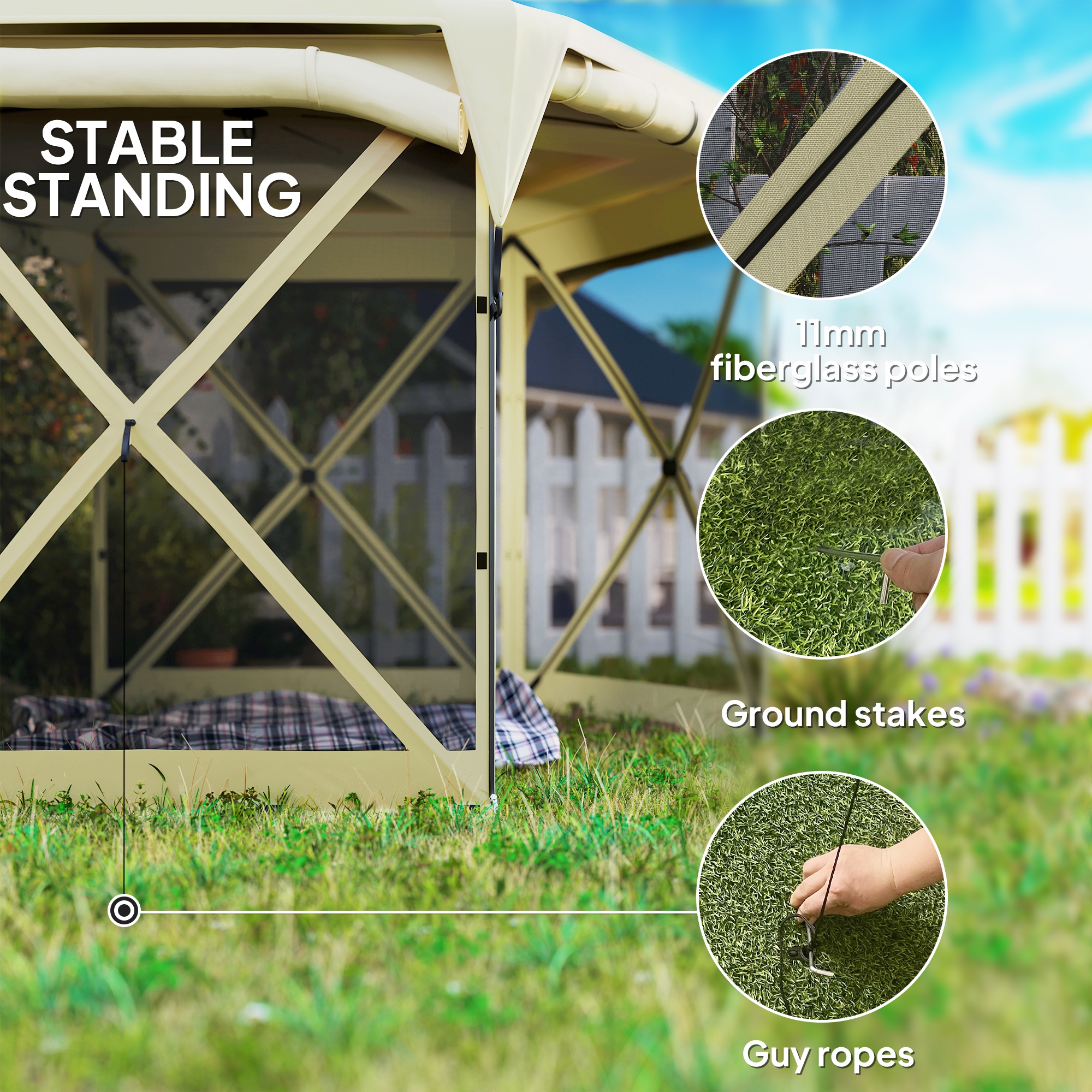 11 x 11ft Pop Up Gazebo Screen Tent with Removable Roof Cover, Roll-up Wind Panels for Camping, Backyard, Beige