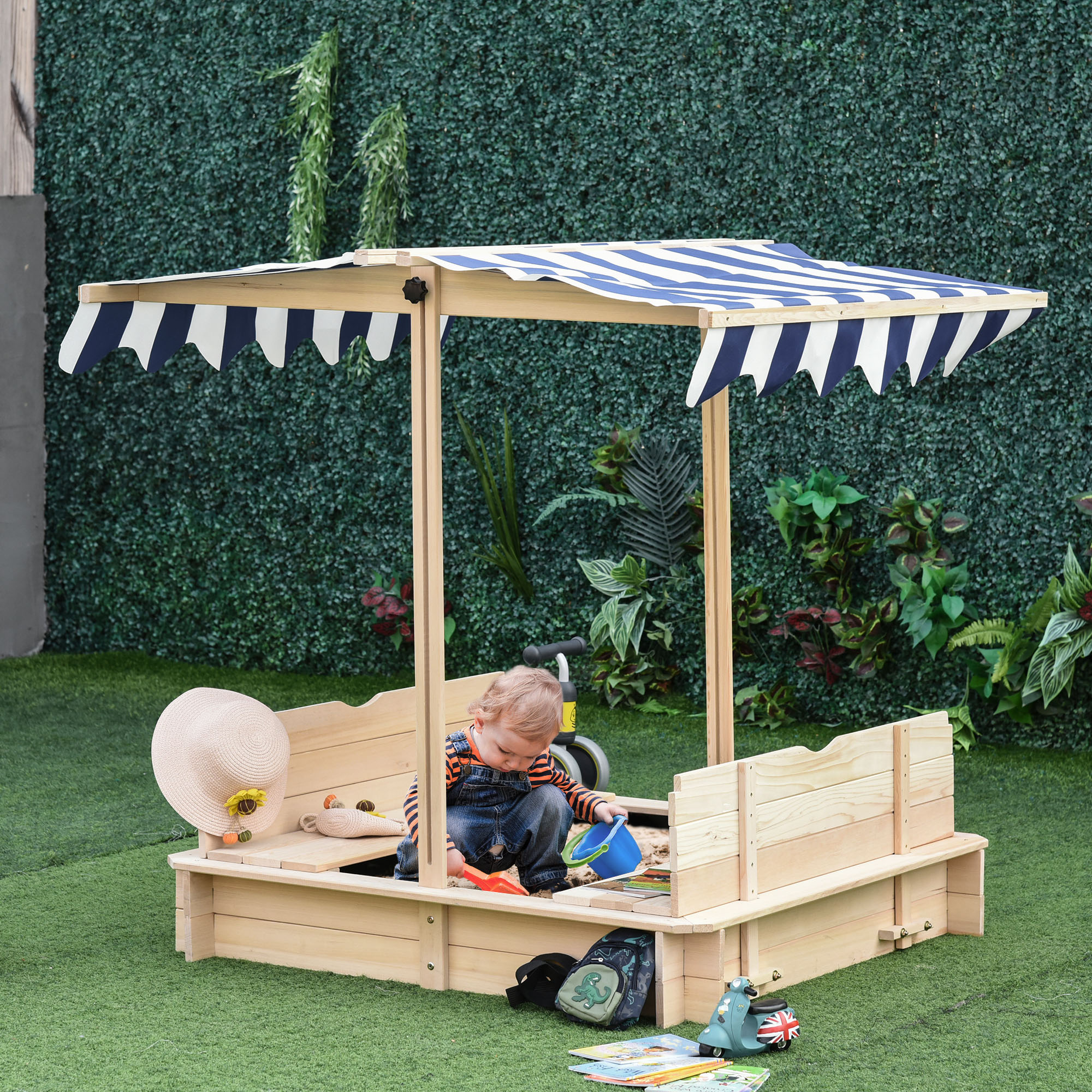 Covered Sandbox, Wooden,with Cover Adjustable Canopy, Detachable Seats and Backrests, Kids Sandbox with Convertible Bench Seat, Bottom Liner, Natural Blue