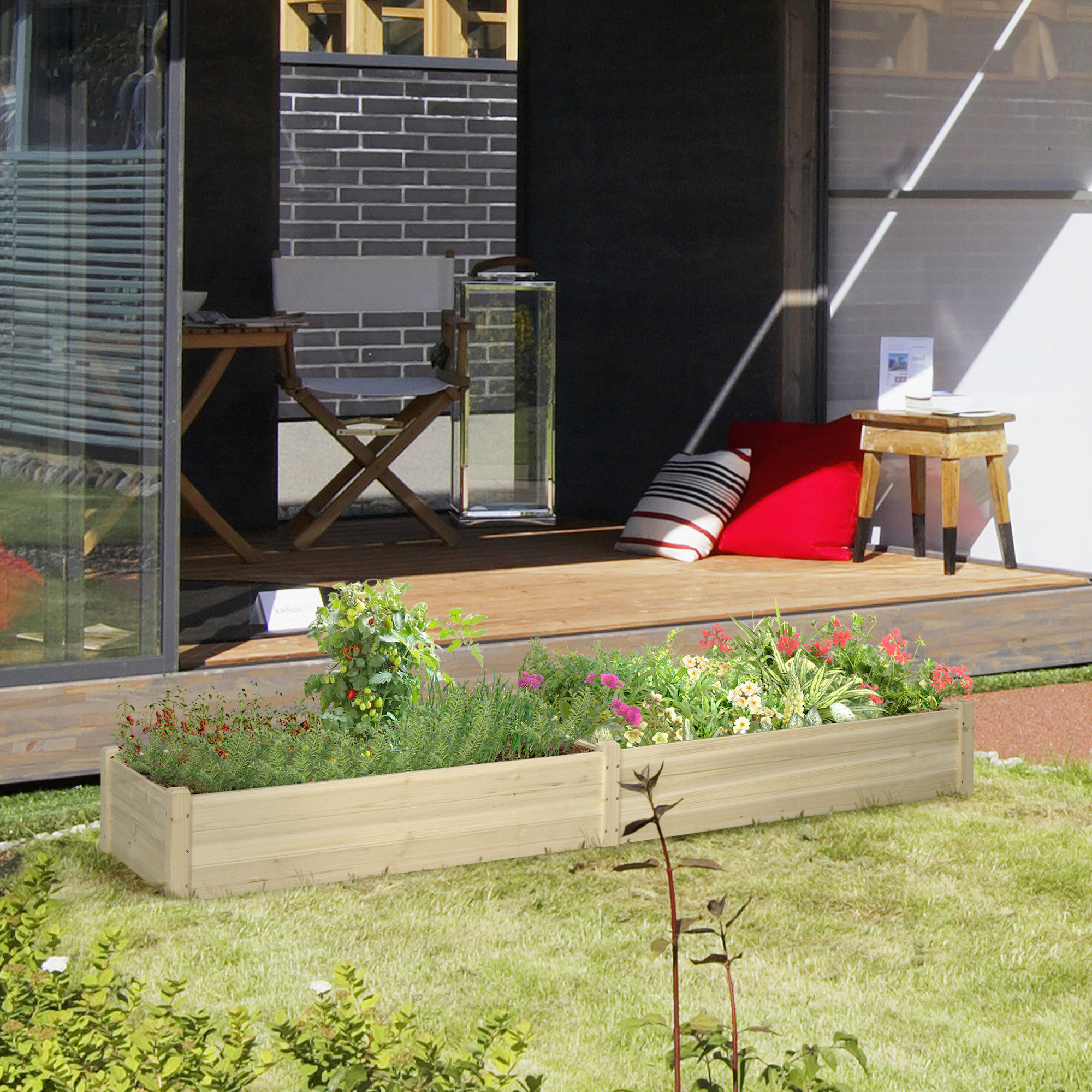 96" x 24" x 10" Wooden Raised Garden Bed with 2 Planter Boxes and Non-woven Fabric Liner for Patio, Natural