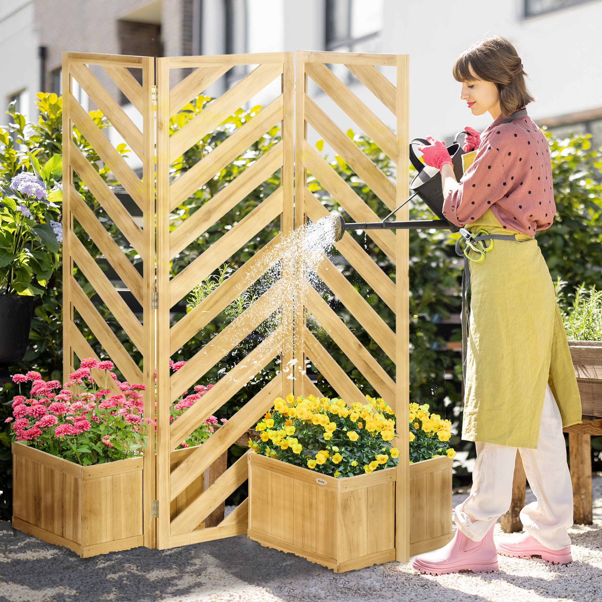 Decorative Outdoor Privacy Screen, Freestanding Divider/Separator with 4 Self-Draining Planters, 3 Trellis Plant Support Panels for Garden Walkway, Backyard, Natural Wood