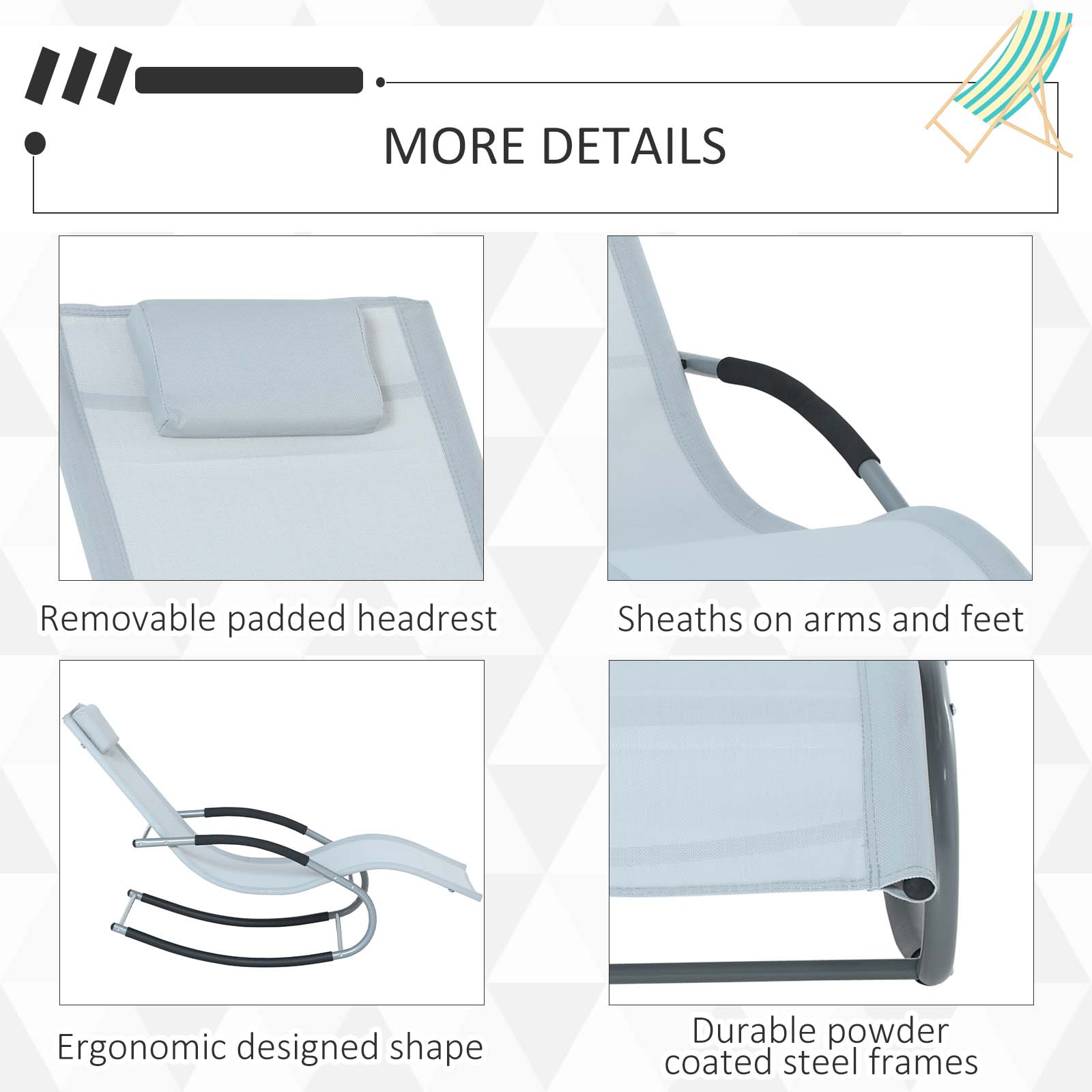  Zero Gravity Rocking Chair Outdoor Chaise Lounge Chair Recliner Rocker with Detachable Pillow and Weather-Fighting Fabric for Patio, Deck, Pool, Gray