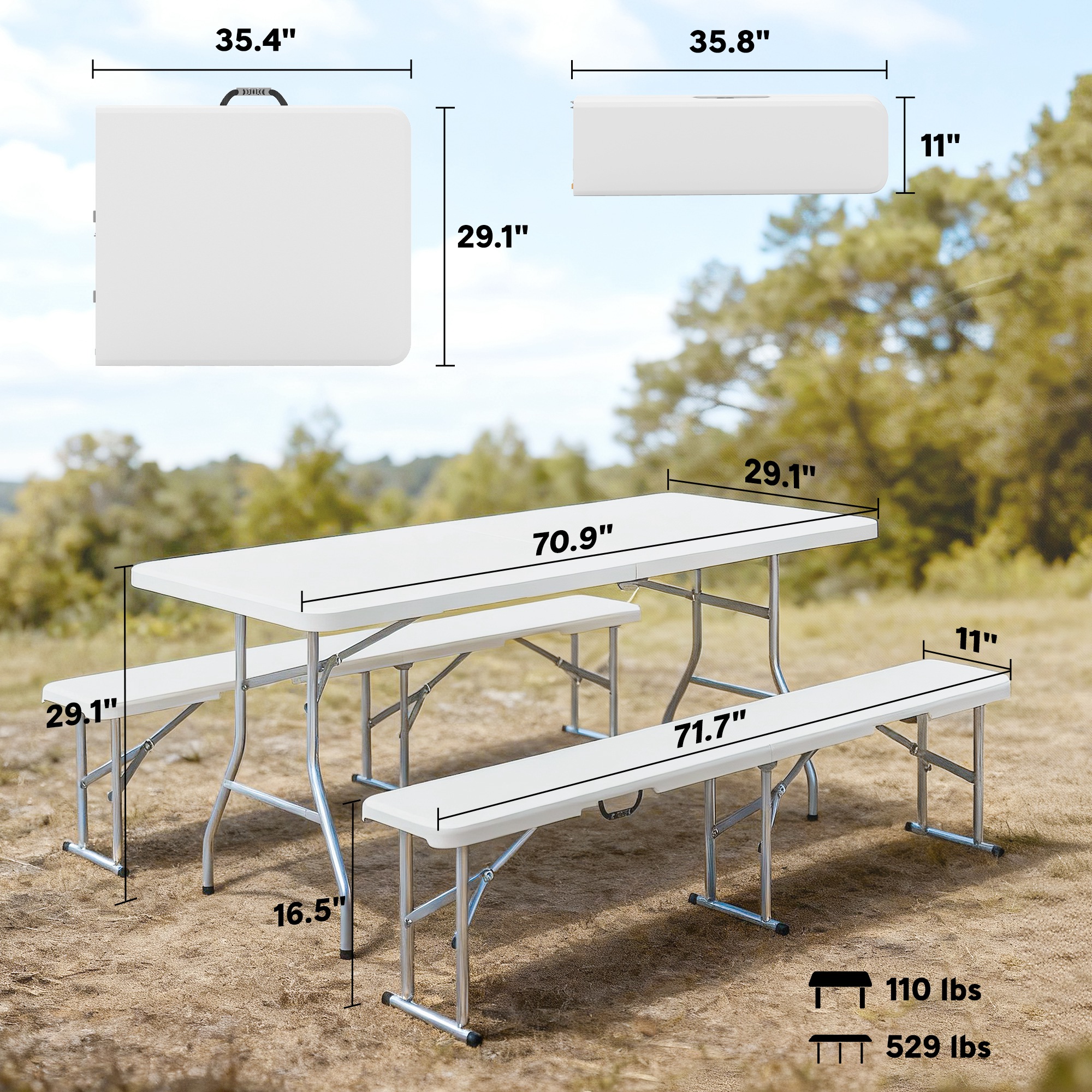 6FT 3 PCS Portable Camping Table and Chairs, Folding Picnic Table Bench Set with Carrying Handles for BBQ, Party, White