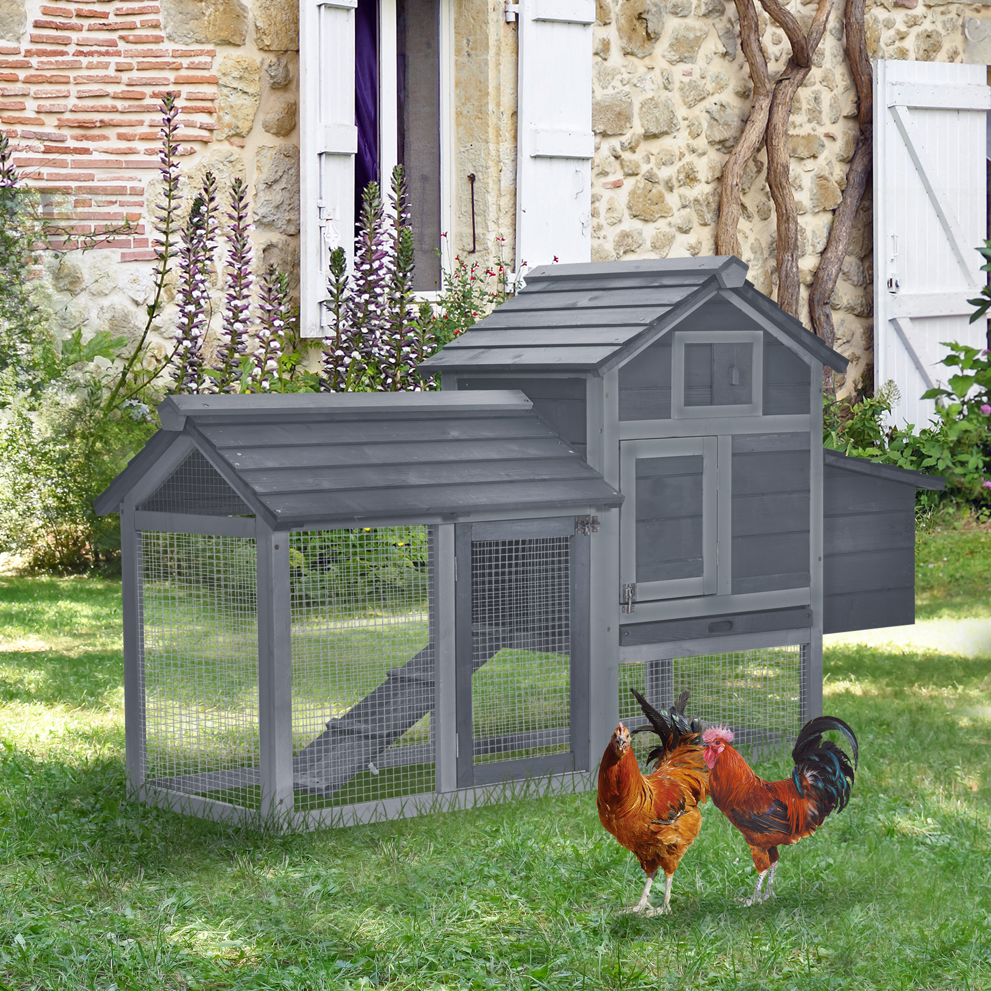  59" Small Wooden Chicken coop Hen House Poultry Cage for Outdoor Backyard with 2 Doors, Nesting Box and Removable Tray, Gray