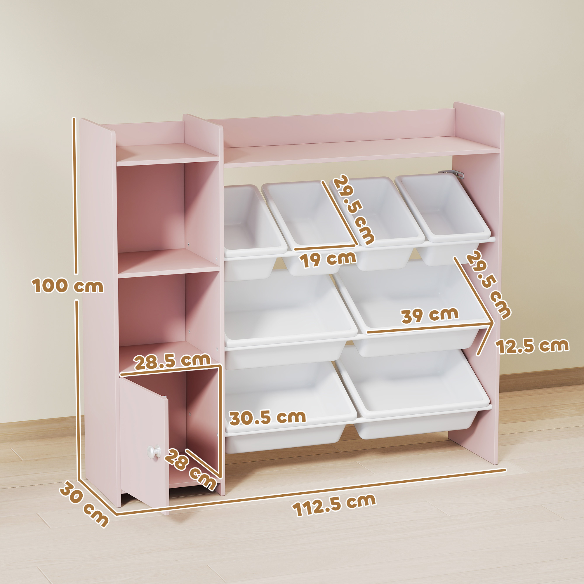 Toy Storage Unit With 8 Removable Bins, Shelves, Cabinet, Pink — image 4