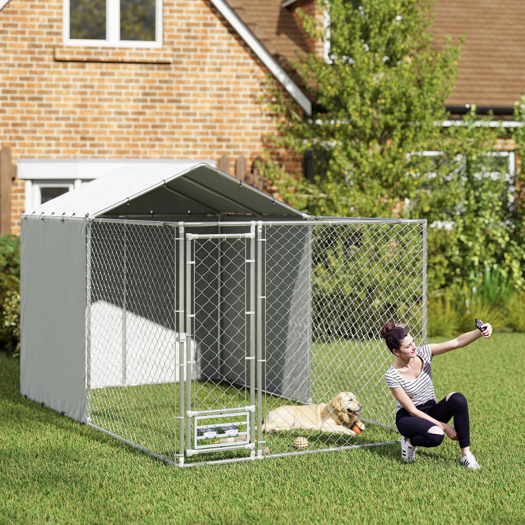 Galvanized Chain Link Large Outdoor Dog Kennel with Waterproof & UV-Resistant Cover, for M&L Dogs, 13.1 x 7.5 x 7.5