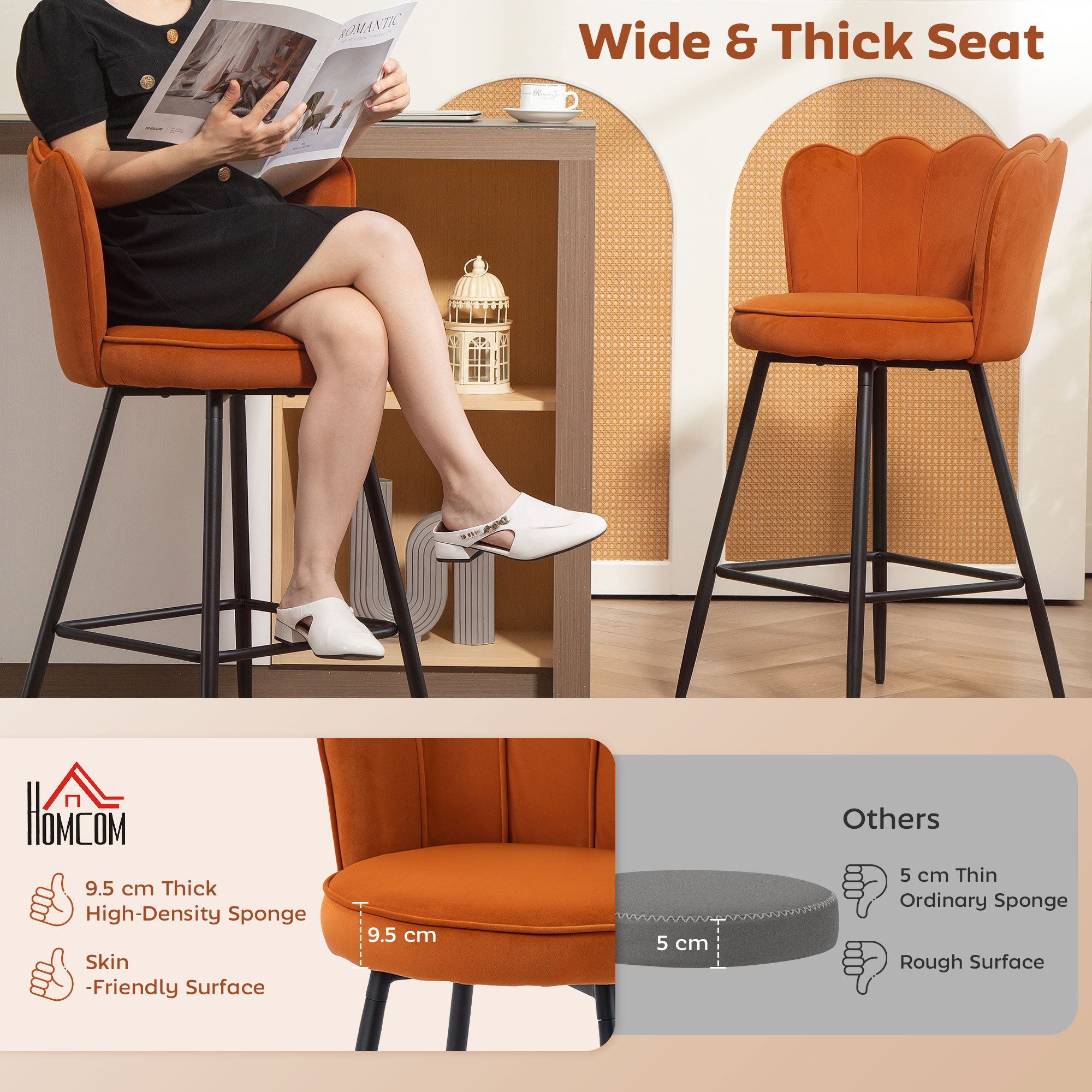 Set Of Two Velvet-Feel Lotus Bar Stools - Orange — image 5