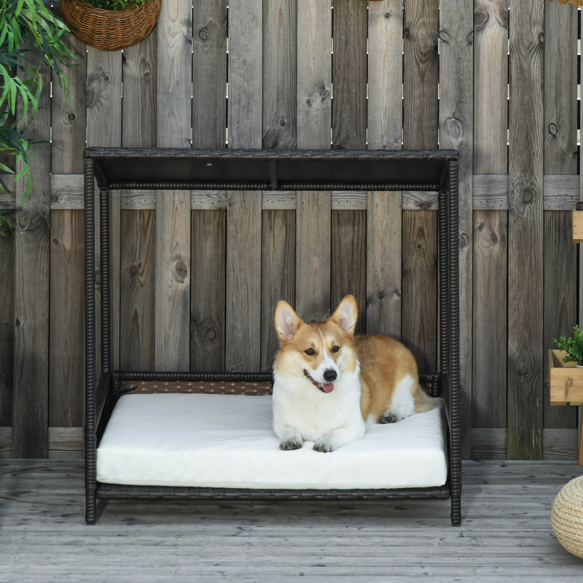  Wicker Dog House Raised Rattan Puppy Bed Cat Shelter for Indoor Outdoor Garden Patio Pet Sofa with Removable Cushion for Medium Sized Pet Brown