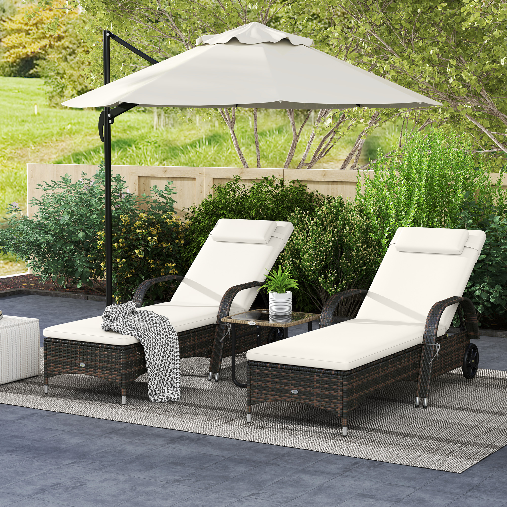  2 Reclining Chaise Lounge Chairs, Rolling Outdoor Chairs with Cushion, Pillow, Headrest, Armrests, and Wheels, Cream