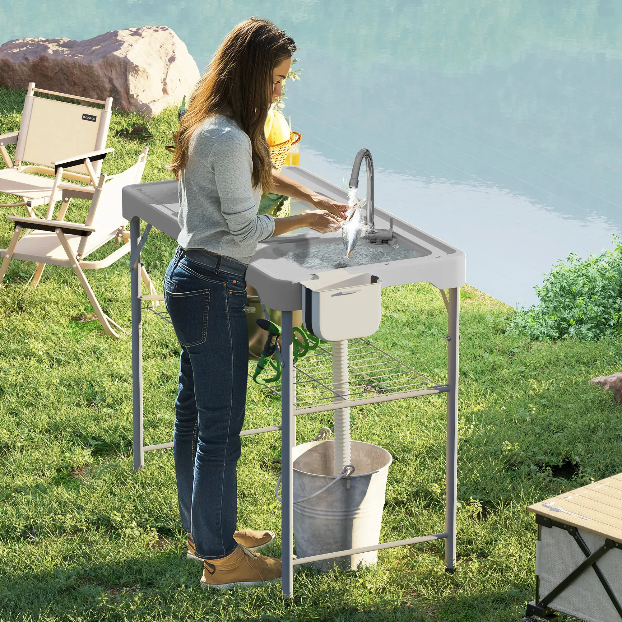 Folding Fish Cleaning Table with Sinks, Portable Camping Sink Table with Faucet, Drainage Hose, Sprayer, Shelf, Drawer and Storage Basket, Outdoor Fillet Table
