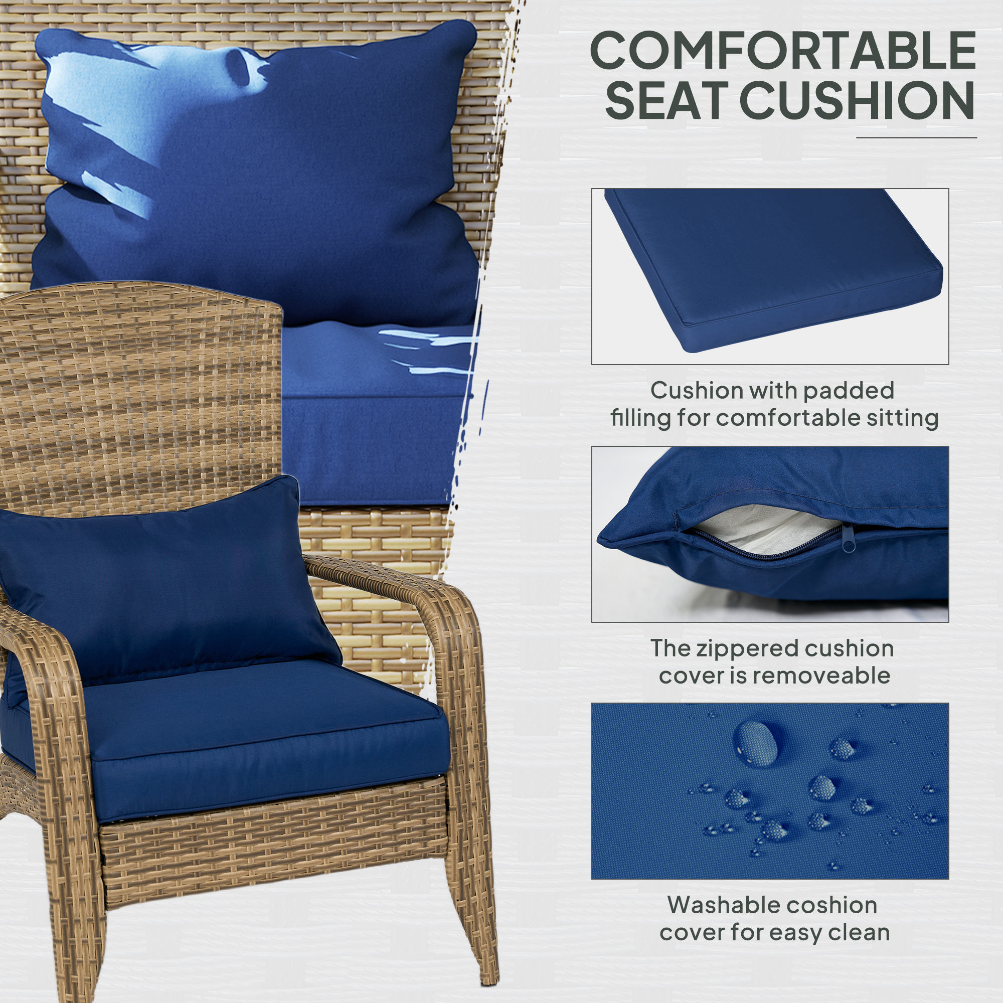 Patio Adirondack Chair with Rattan Wicker, Soft Cushions, Tall Curved Backrest for Deck or Garden, Dark Blue - Image 5