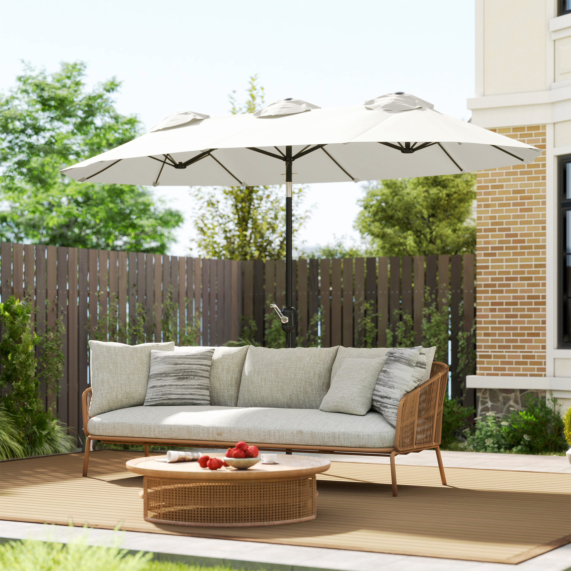 Double Sided Patio Umbrella, 9.7 Large Outdoor Market Umbrella with Push Button Tilt and Crank, 3 Air Vents and 12 Ribs, for Garden, Deck, Pool, White
