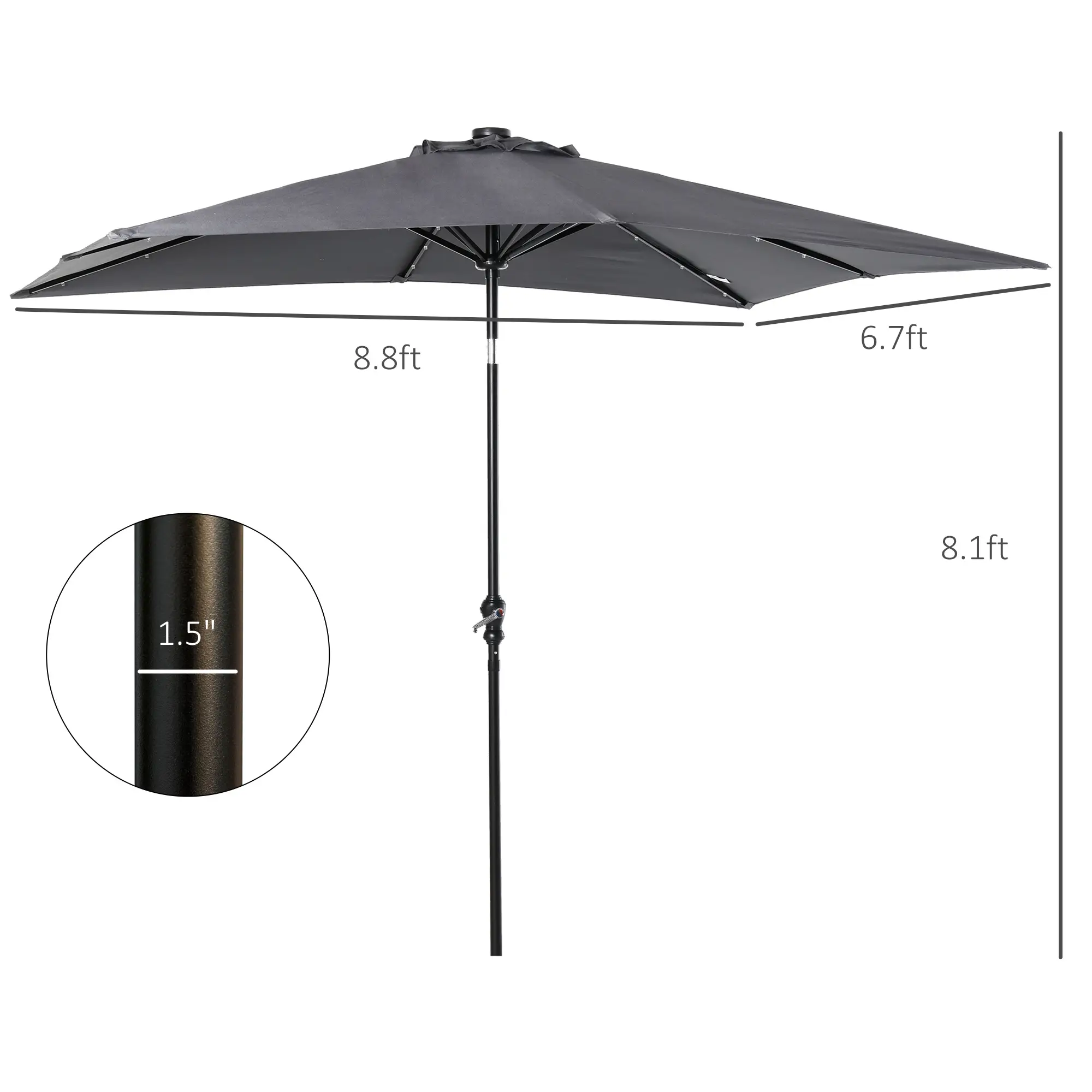 9 x 7 Solar Umbrella, LED Lighted Patio Umbrella for Table or Base with Tilt & Crank, Outdoor Umbrella for Garden, Deck, Backyard, Pool, Beach, Dark Gray