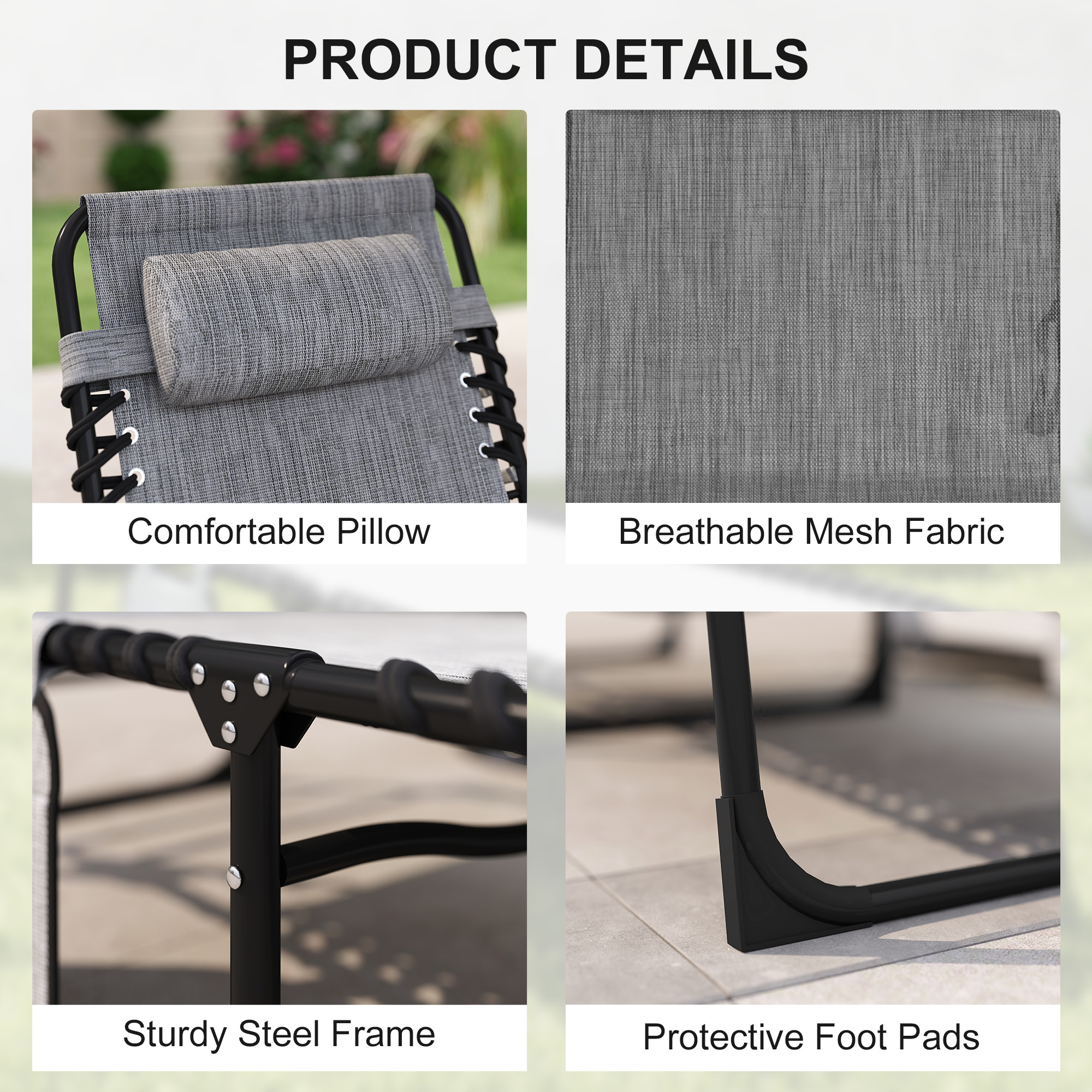  Chaise Lounge Chair Outdoor, 5-Position Adjustable Sun Tanning Chair with Carrying Handle and Side Pocket, Folding Bed Cot with Removable Pillow for Garden, Beach, Patio, Pool, Camp, Gray