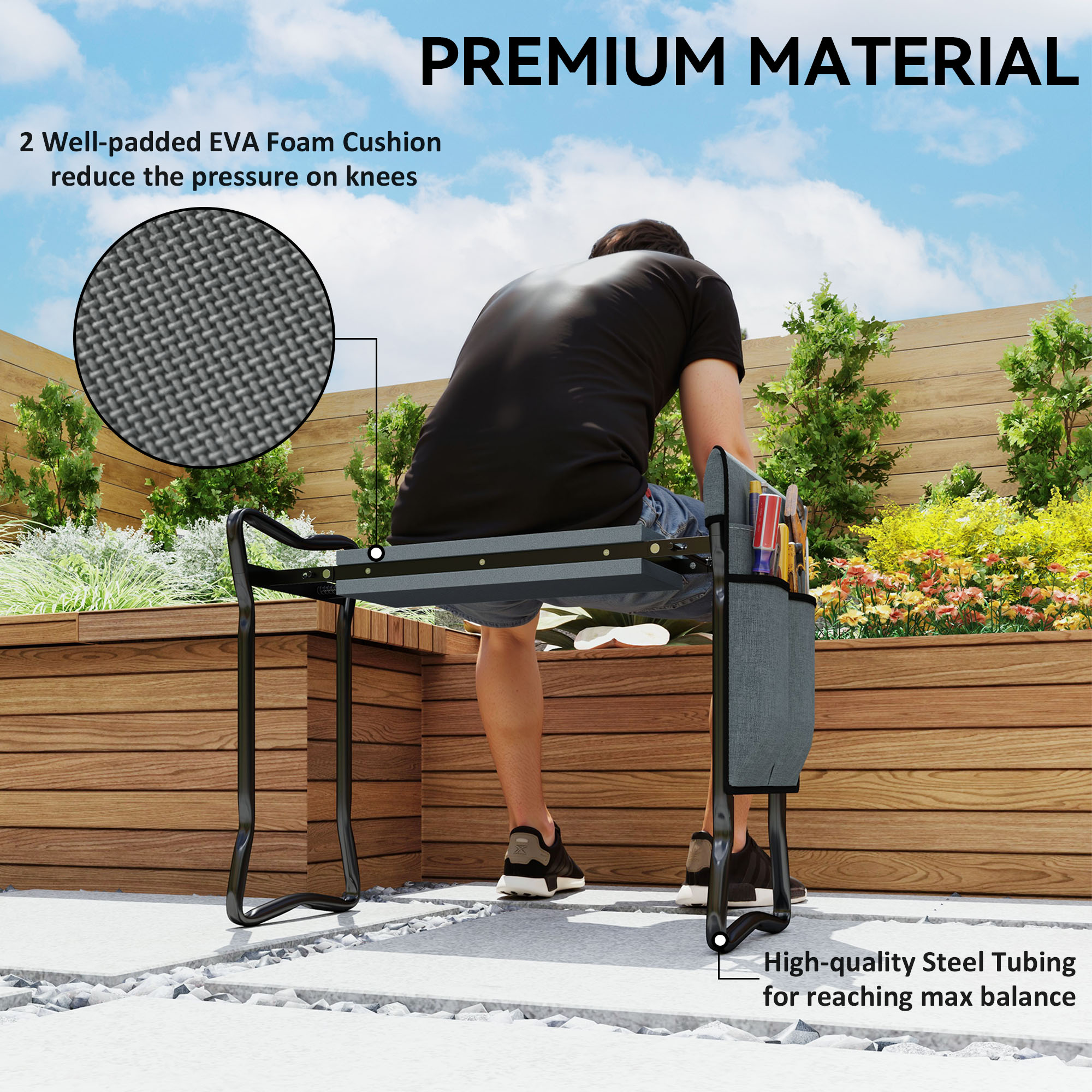 Garden kneeler flipped into seat position showing dual-use design