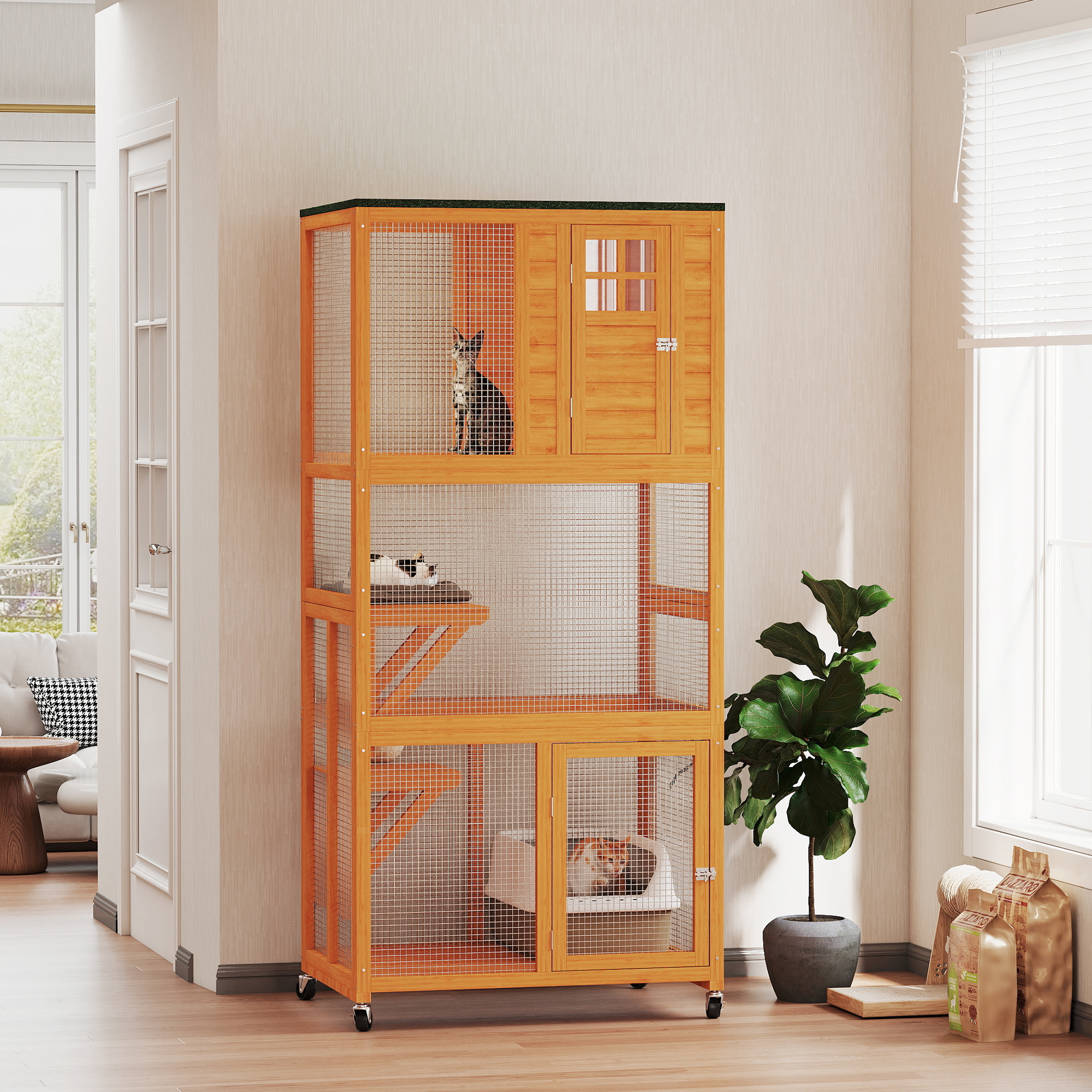  74" Wooden Outdoor Cat House Catio Outdoor Cat Enclosure, Orange