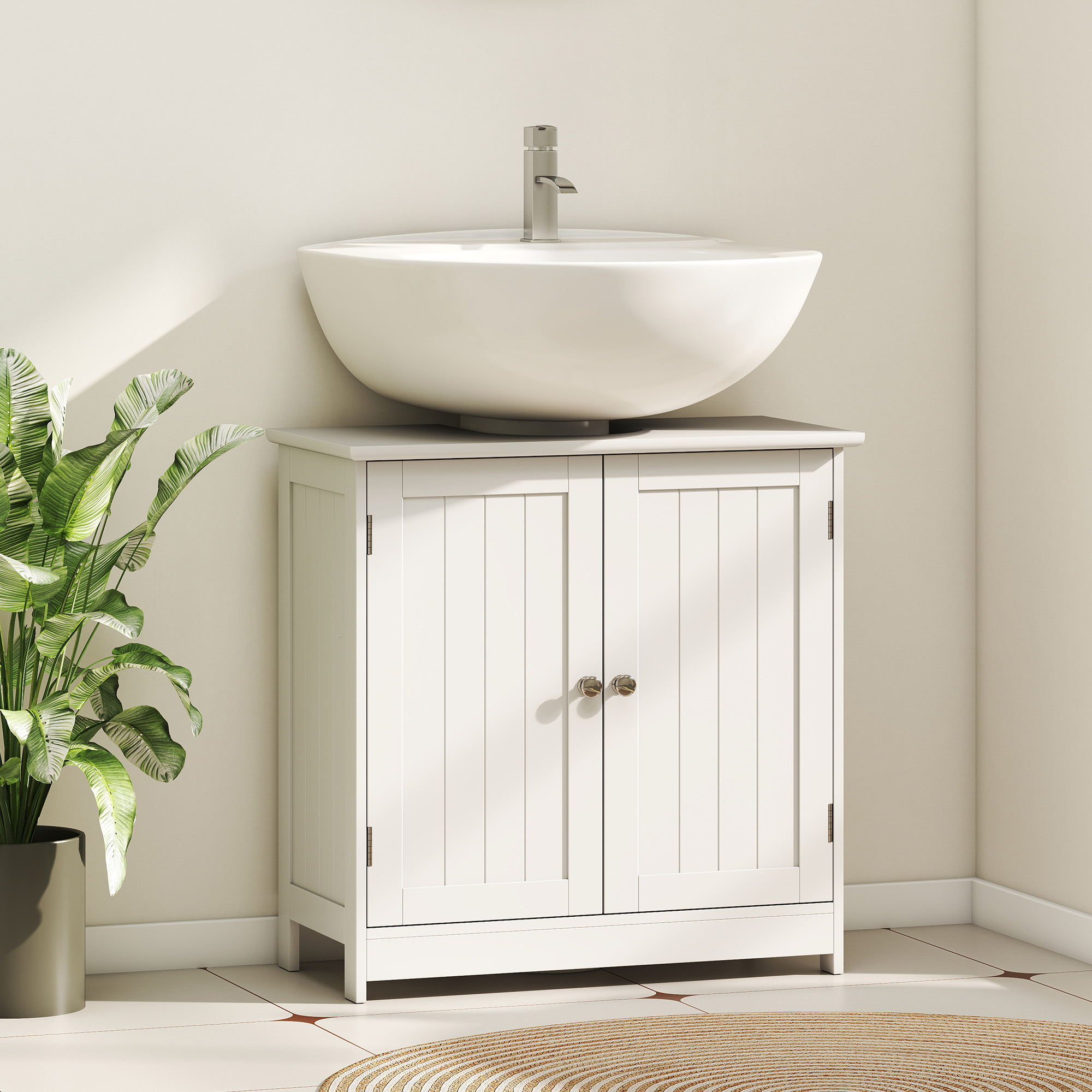  Under Sink Bathroom Cabinet, Pedestal Sink Storage Cabinet with 2 Doors, Shelf and U-Shape, White
