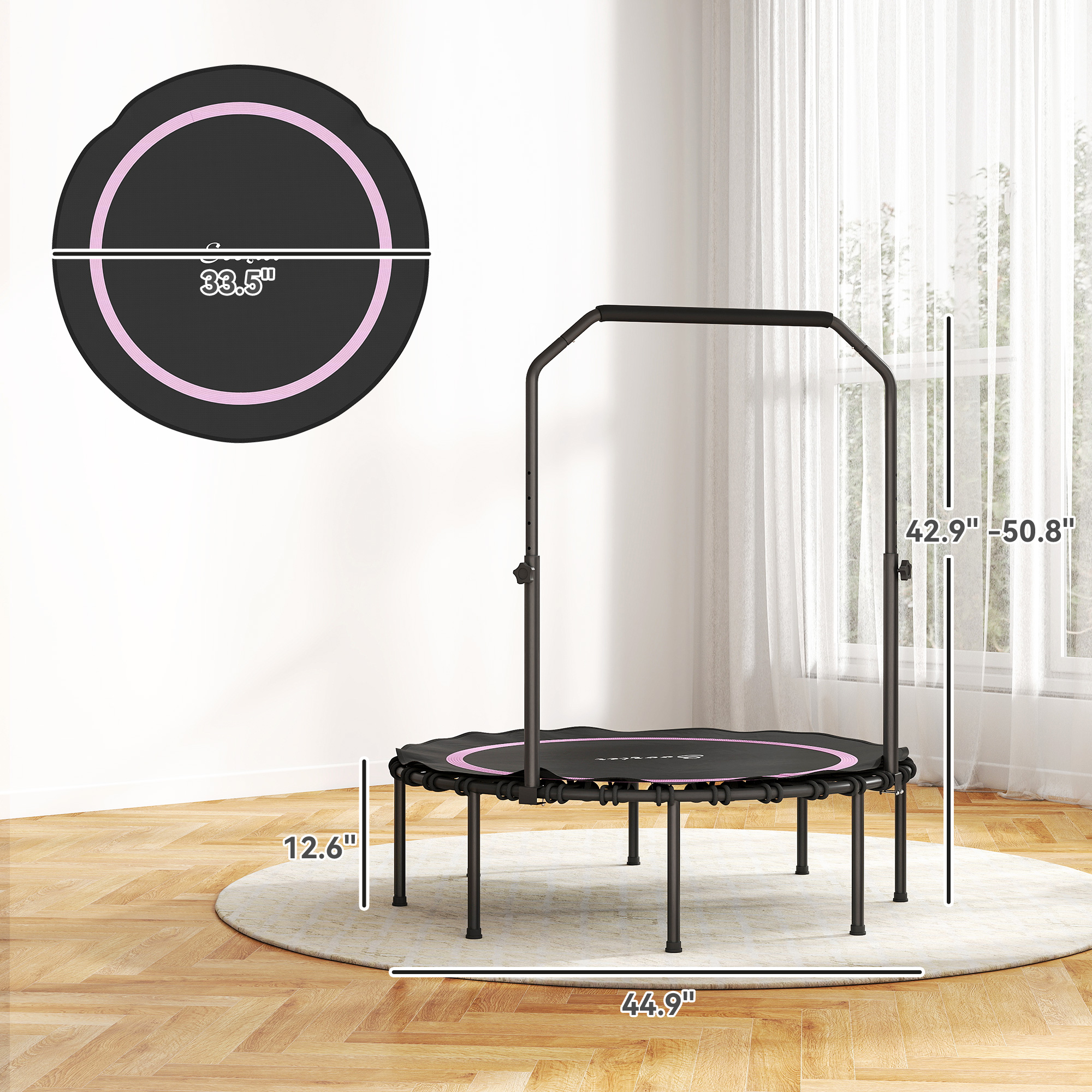 45" Rebounder Trampoline for Adults, Foldable Mini Trampoline with Adjustable Handle Bar for Indoor Outdoor, Pink
