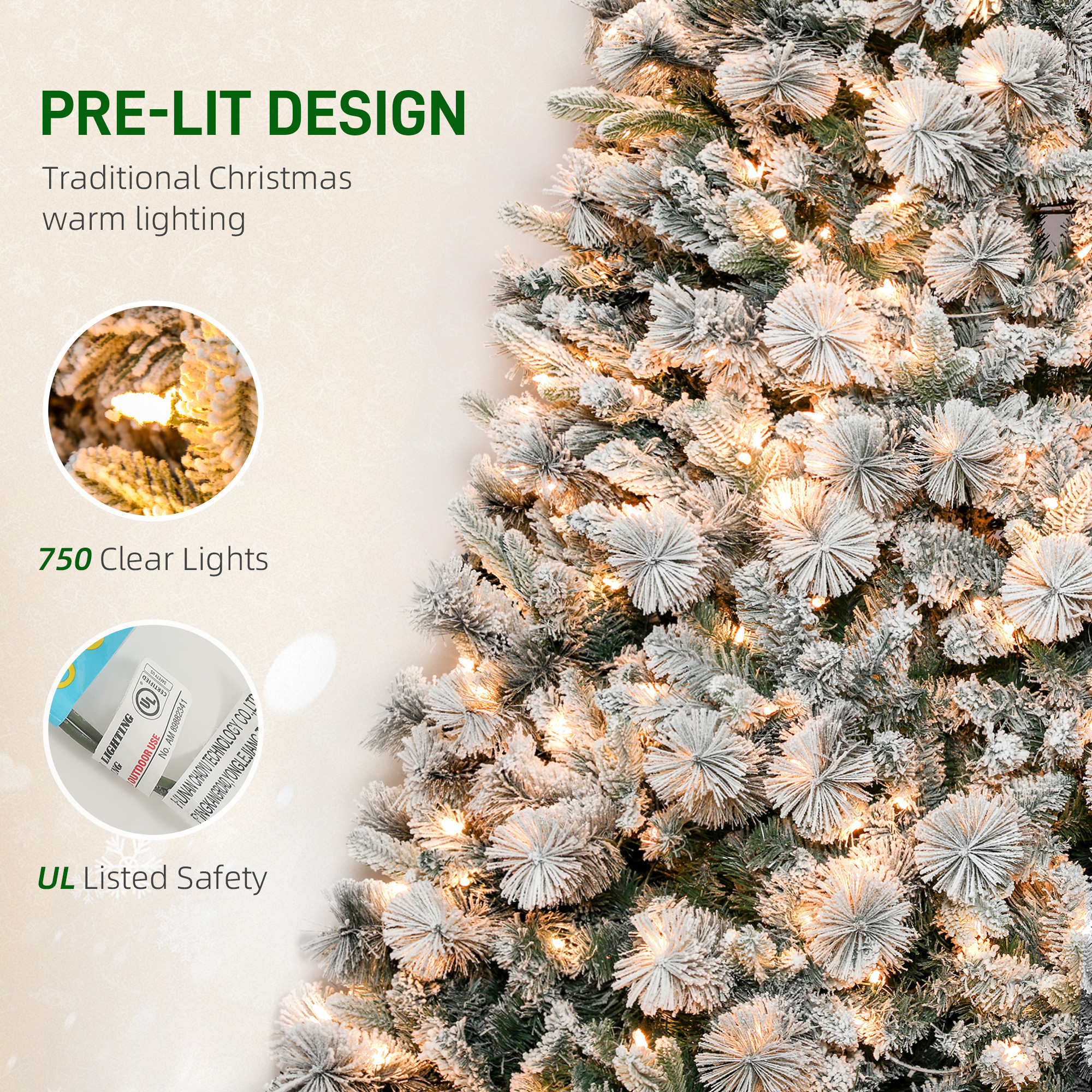  9 ft Prelit Flocked Artificial Christmas Tree with 750 Clear Lights, 2387 Tips, Metal Stand for Home Office Holiday
