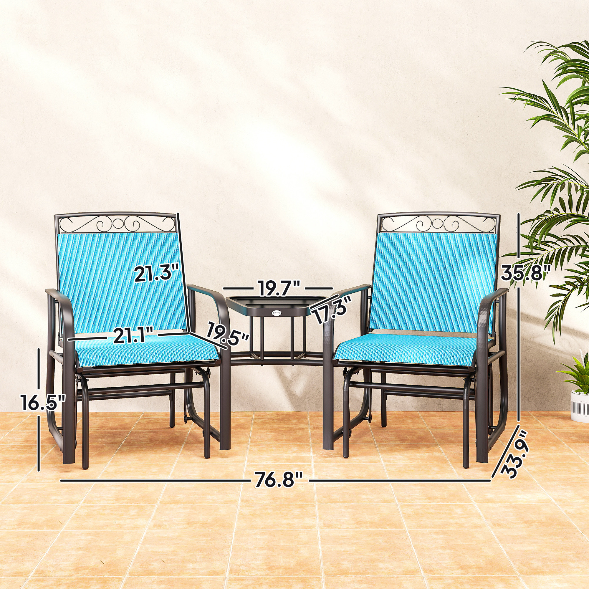 Outdoor Glider Chairs with Coffee Table, Patio 2-Seat Rocking Chair Swing with Breathable Sling for Backyard, Blue