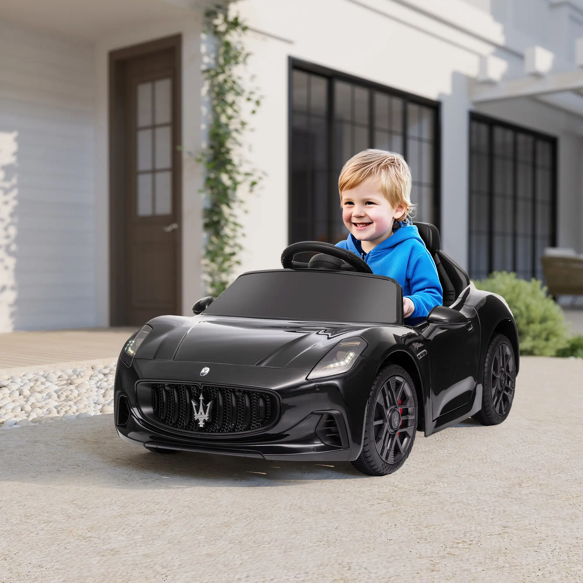 Maserati Gran Turismo Licensed 12V Kids Electric Car w/ Remote Control, Soft Start, LED Lights, Music, Horn, Black