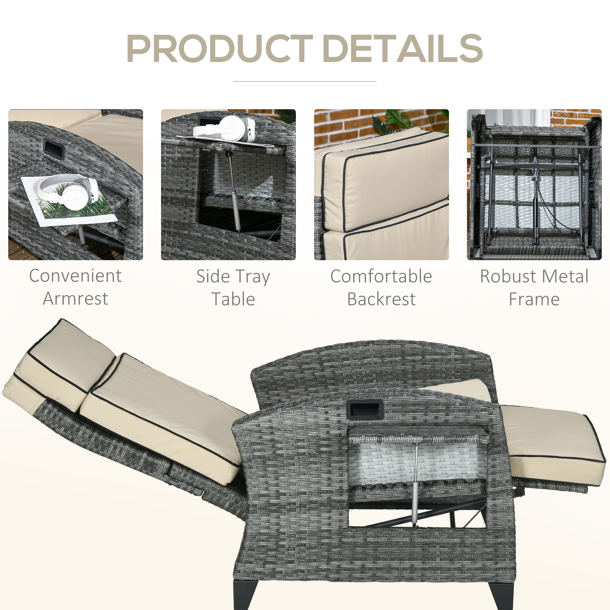 Outdoor Recliner Chair with Cushions, Reclining Patio Lounge Chair with Adjustable Footrest, Armrests, Tray Table, Khaki