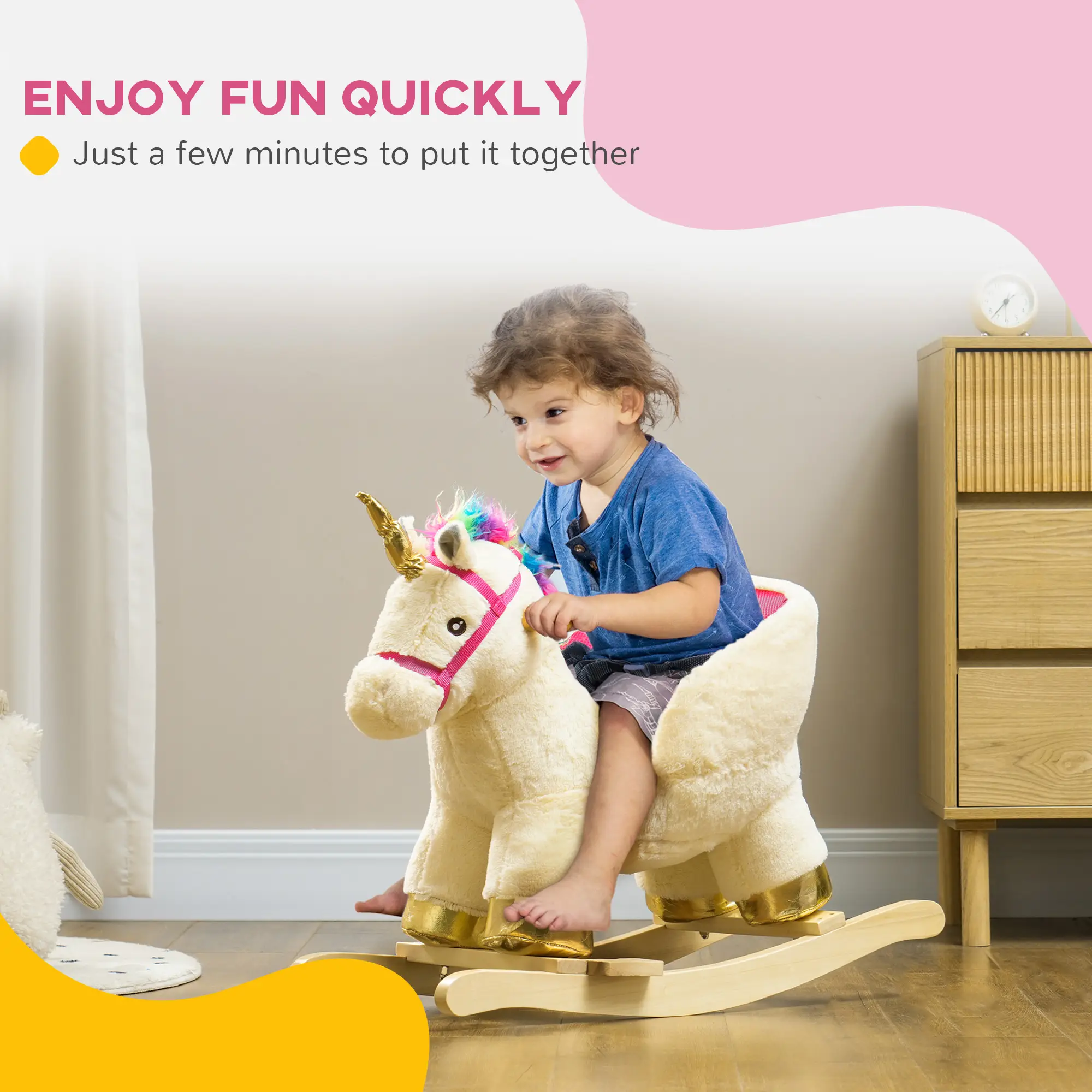 Kids Rocking Horse, Unicorn with Realistic Sound, Safety Belt & Wooden Base for 18-36 Months