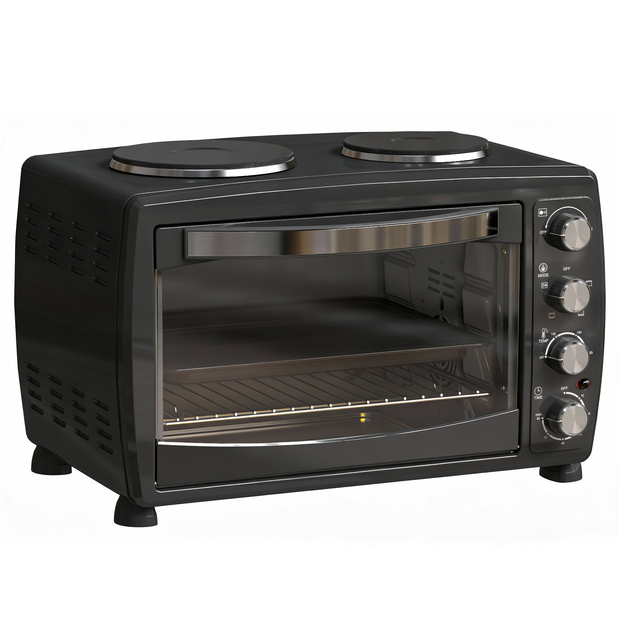 36 litre black countertop combo oven with two hot plates on top