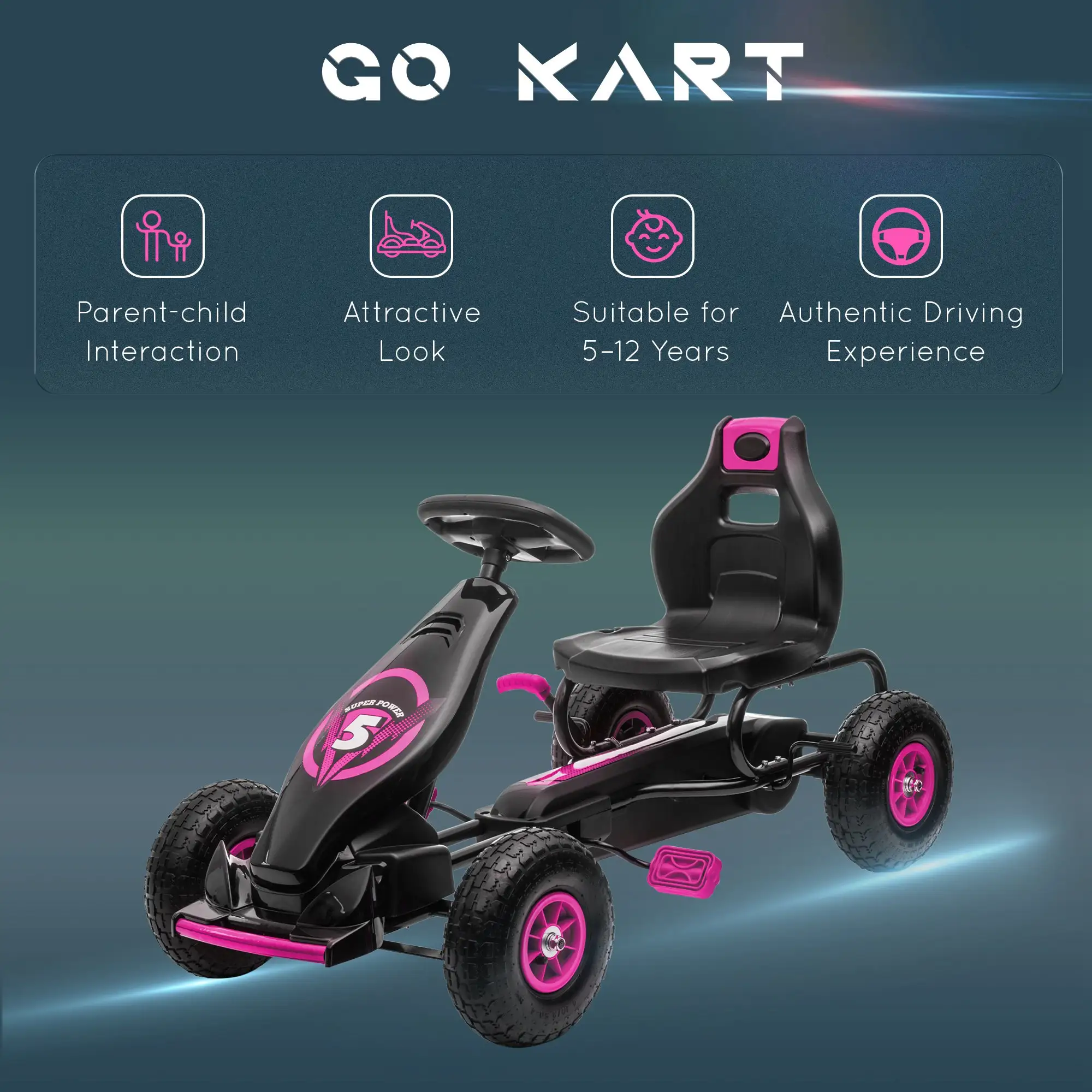 Ergonomic Pedal Go Kart Kids Ride-on Toy with Tough, Wear-Resistant Tread for Boys & Girls, Ages 5-12, Pink
