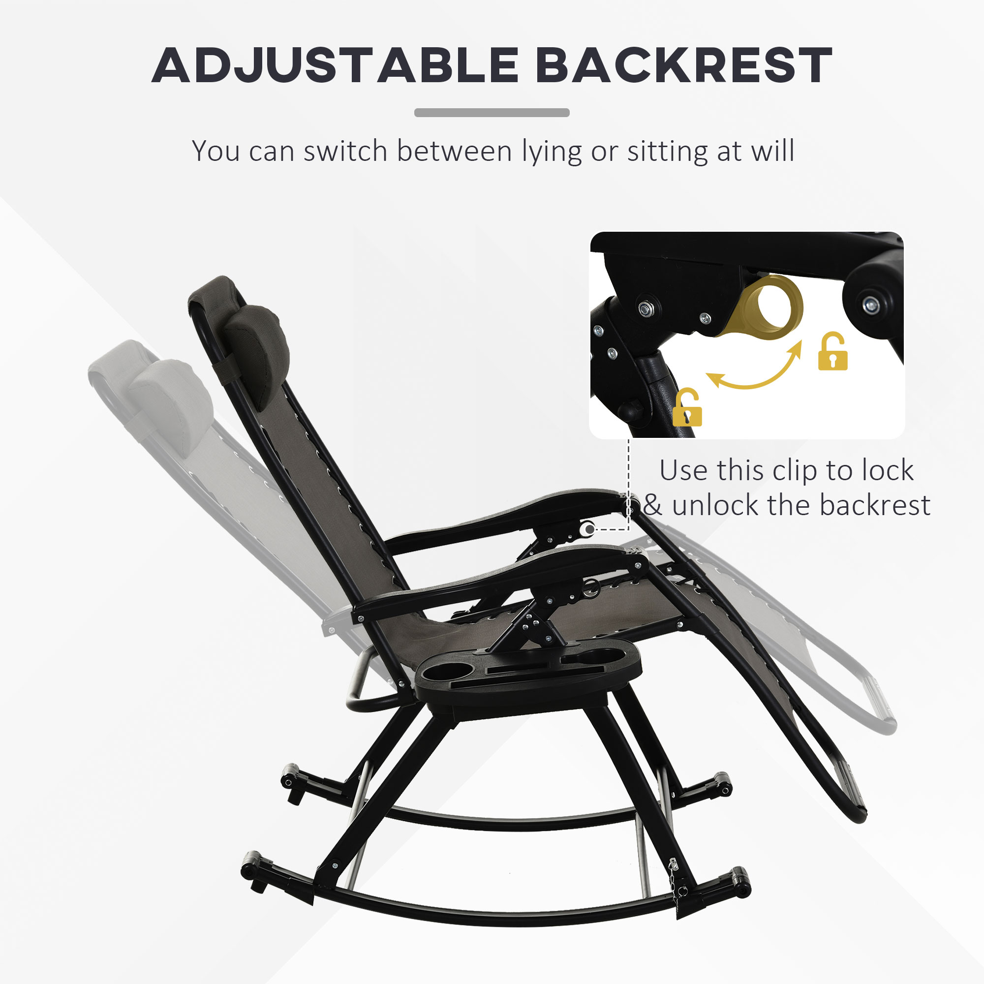  Outdoor Rocking Chairs, Foldable Reclining Zero Gravity Lounge Rocker with Pillow, Cup & Phone Holder, Combo Design with Folding Legs, Gray
