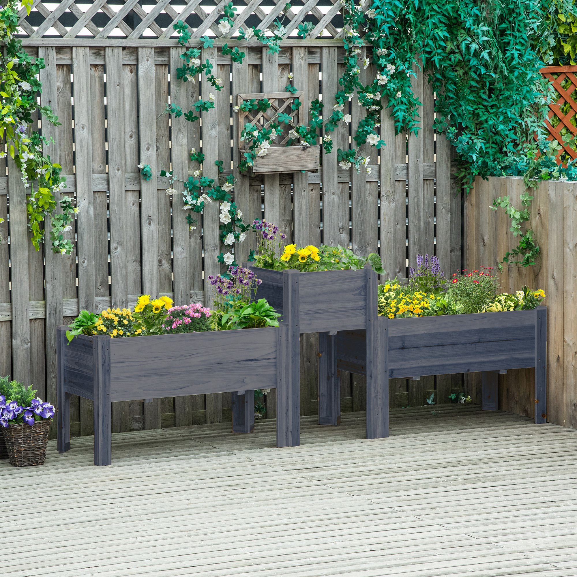 Raised Garden Bed Set of 3, Elevated Wood Planter Box with Legs and Bed Liner for Backyard and Patio to Grow Vegetables, Herbs, Gray
