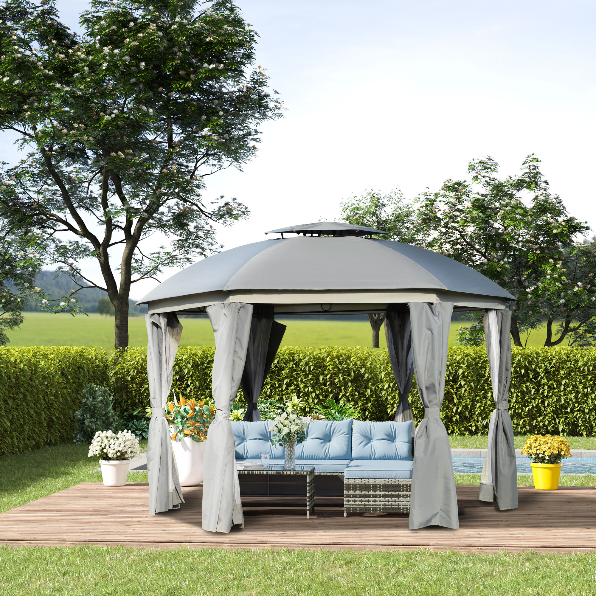 12 x 12 Round Outdoor Gazebo, Patio Dome Gazebo Canopy Shelter with Double Roof, Netting Sidewalls and Curtains, Zippered Doors, Strong Steel Frame, Grey