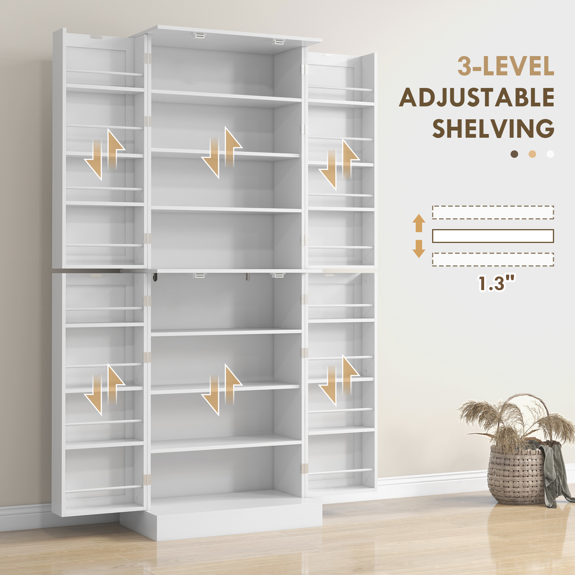 65" Kitchen Cabinet, Kitchen Pantry Cabinet with 4 Doors and 16 Door Shelves for Dining Room, White - 5