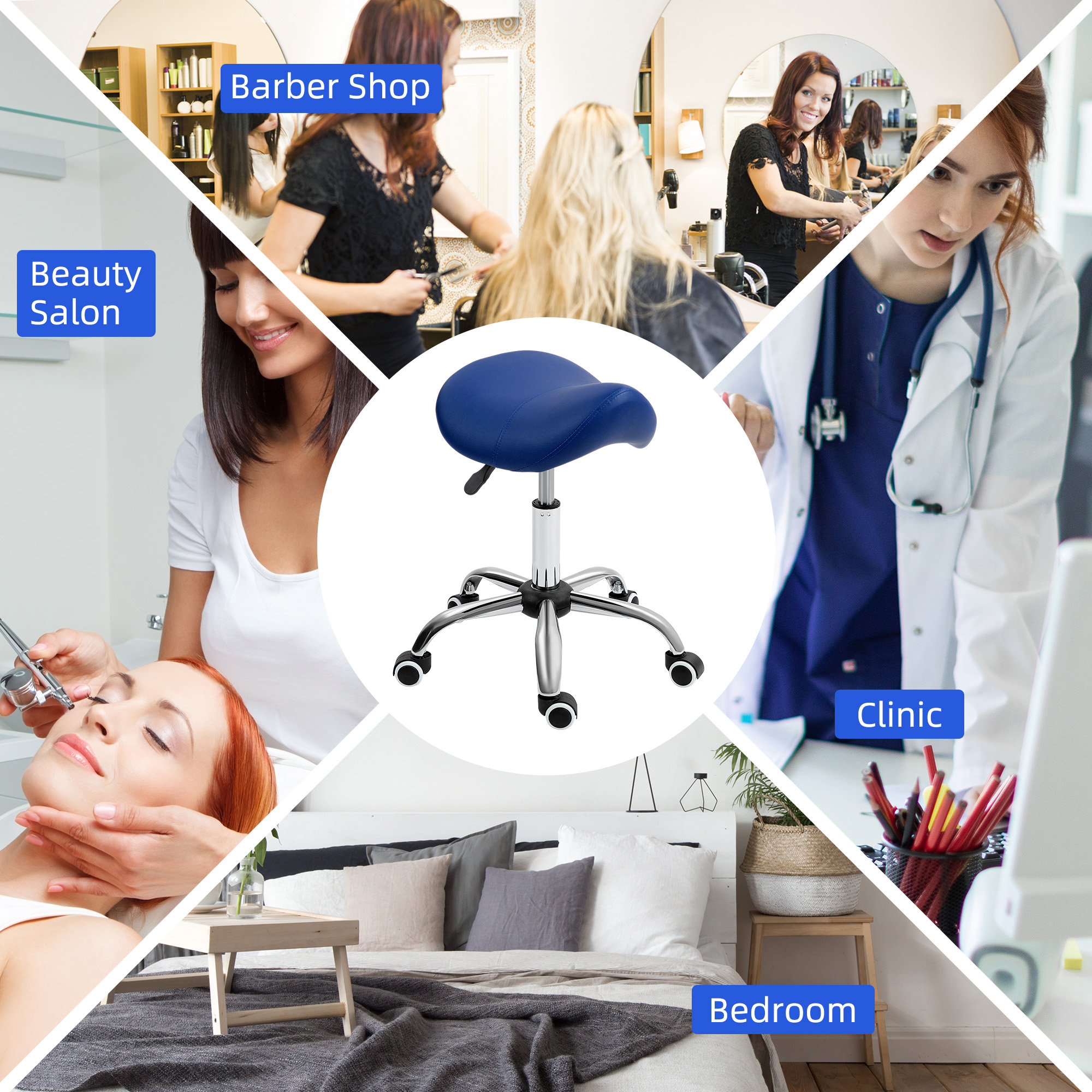 Saddle Stool, Height Adjustable Salon Chair For Massage Spa, Faux Leather, Dark