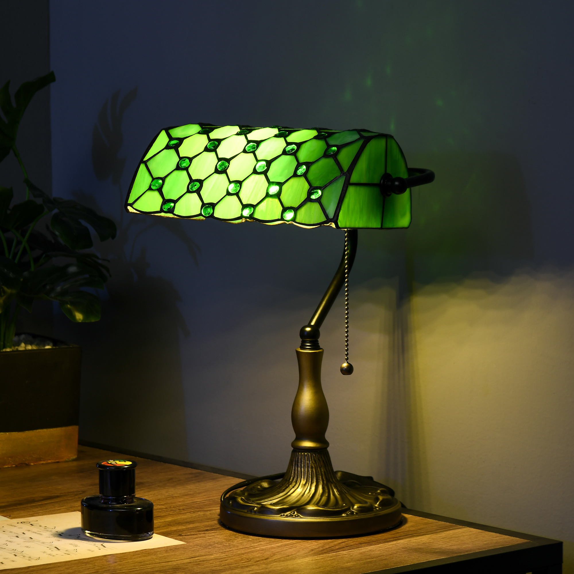 Stained Glass Table Lamp, Vintage With Green Handmade Shade, Metal Base — image 5