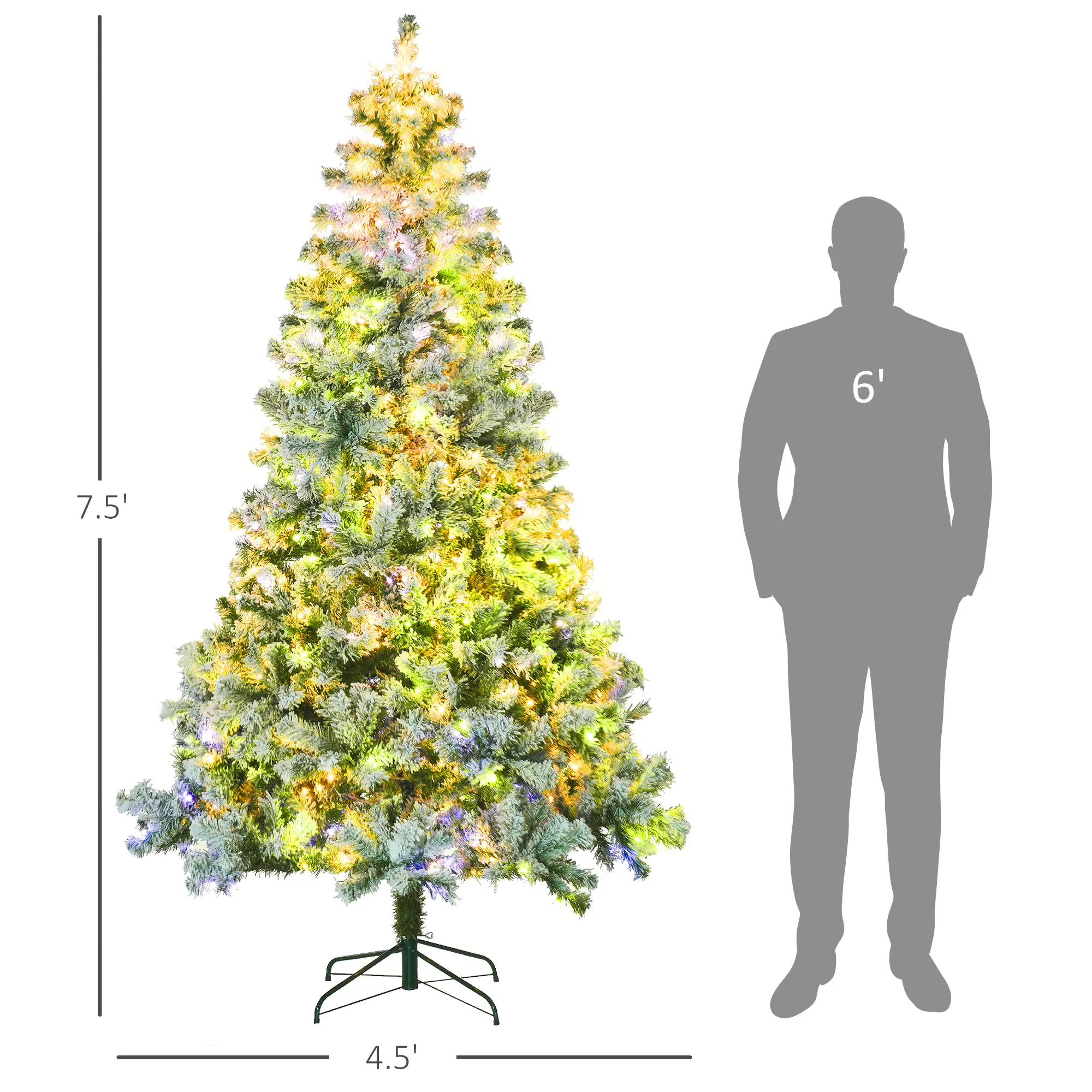 7.5 Artificial Snow Christmas Trees with Frosted Branches, Warm White or Colorful LED Lights, Steel Base
