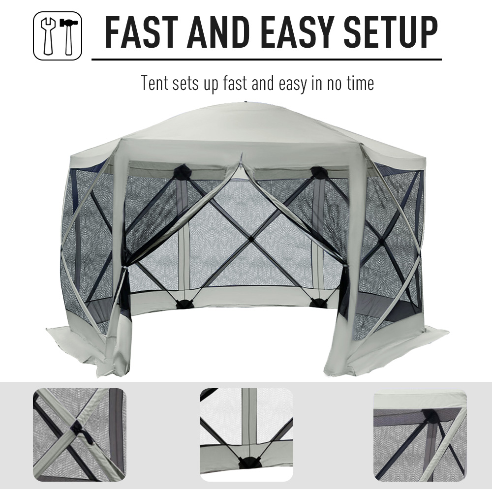 6-Sided Hexagon Pop Up Party Tent Gazebo with Mesh Netting Walls & Shaded Interior, 12' x 12', Beige - Image 2