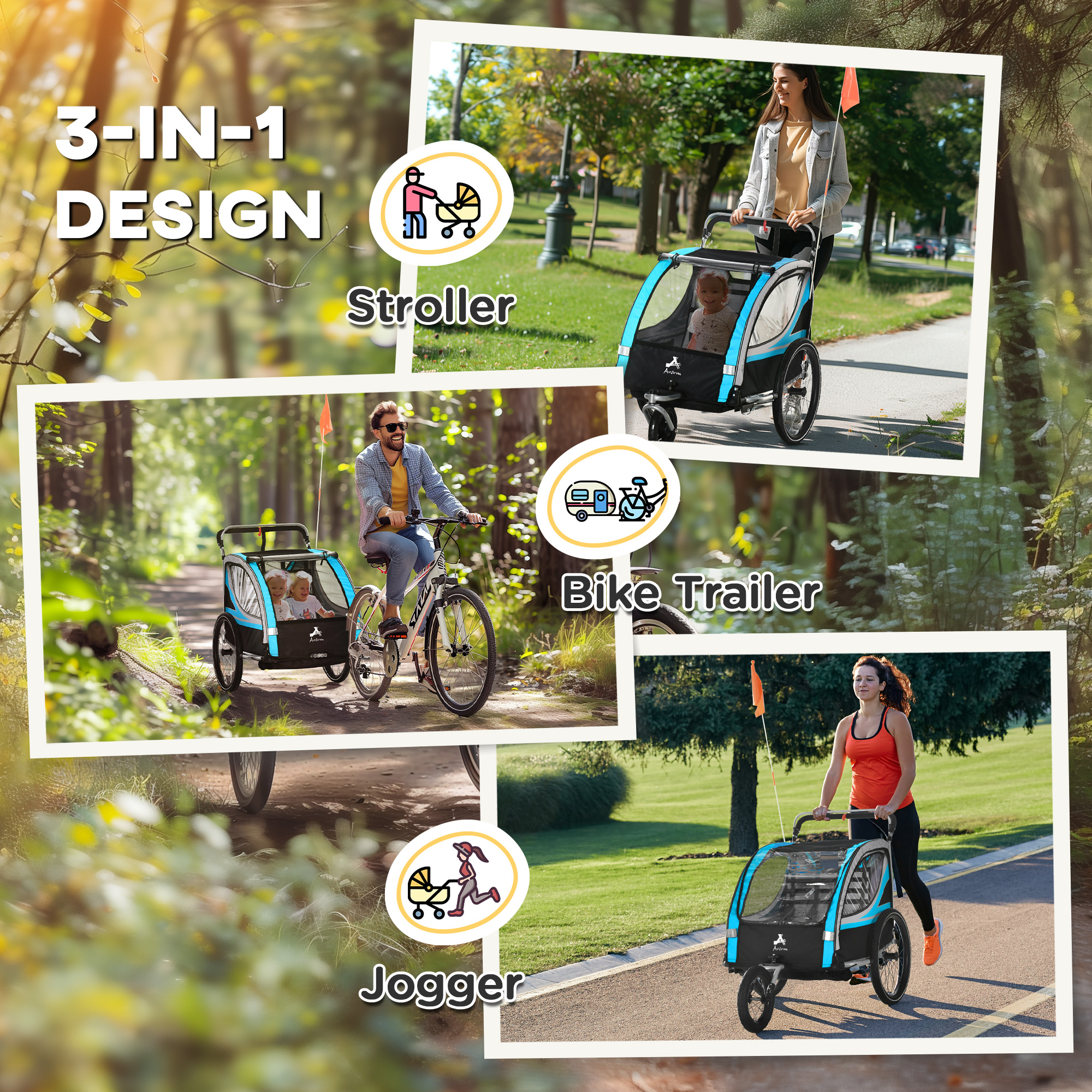 3-in-1 Bike Trailer for Kids, Running Stroller with 2 Seats, Jogging Cart with 5-Point Harness, Storage Units, Blue