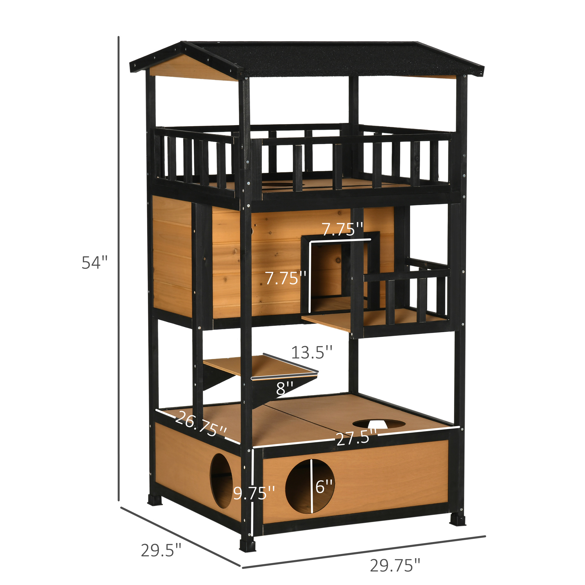 Wooden Outdoor Cat House, Feral Cat Shelter Kitten Condo with Asphalt Roof, Escape Doors, Condo, Jumping Platform, Yellow