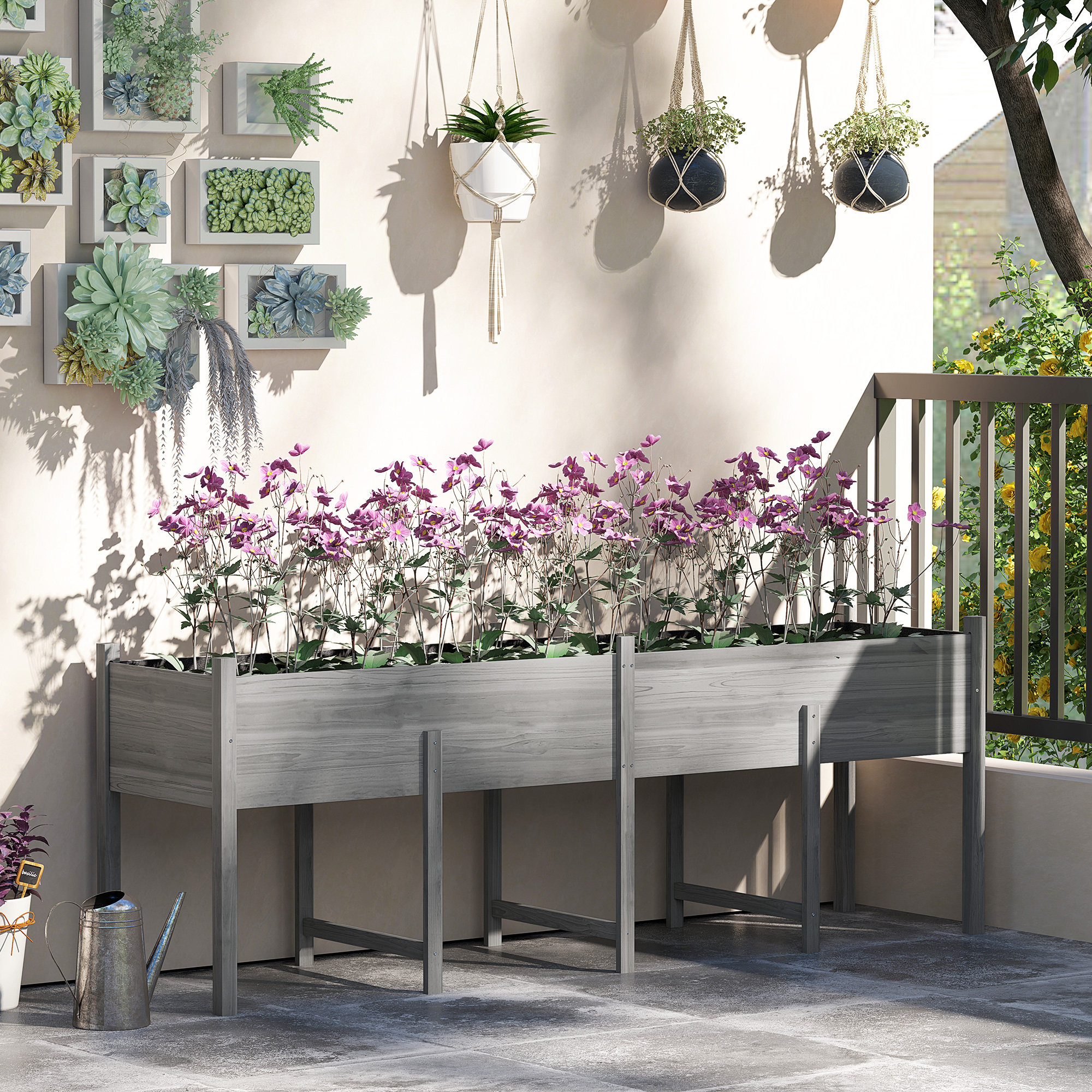 Wooden Raised Garden Bed, Large Elevated Planter Box with Legs, Bed Liner and Drain Holes, 7.4 x 1.8 x 2.6, Gray