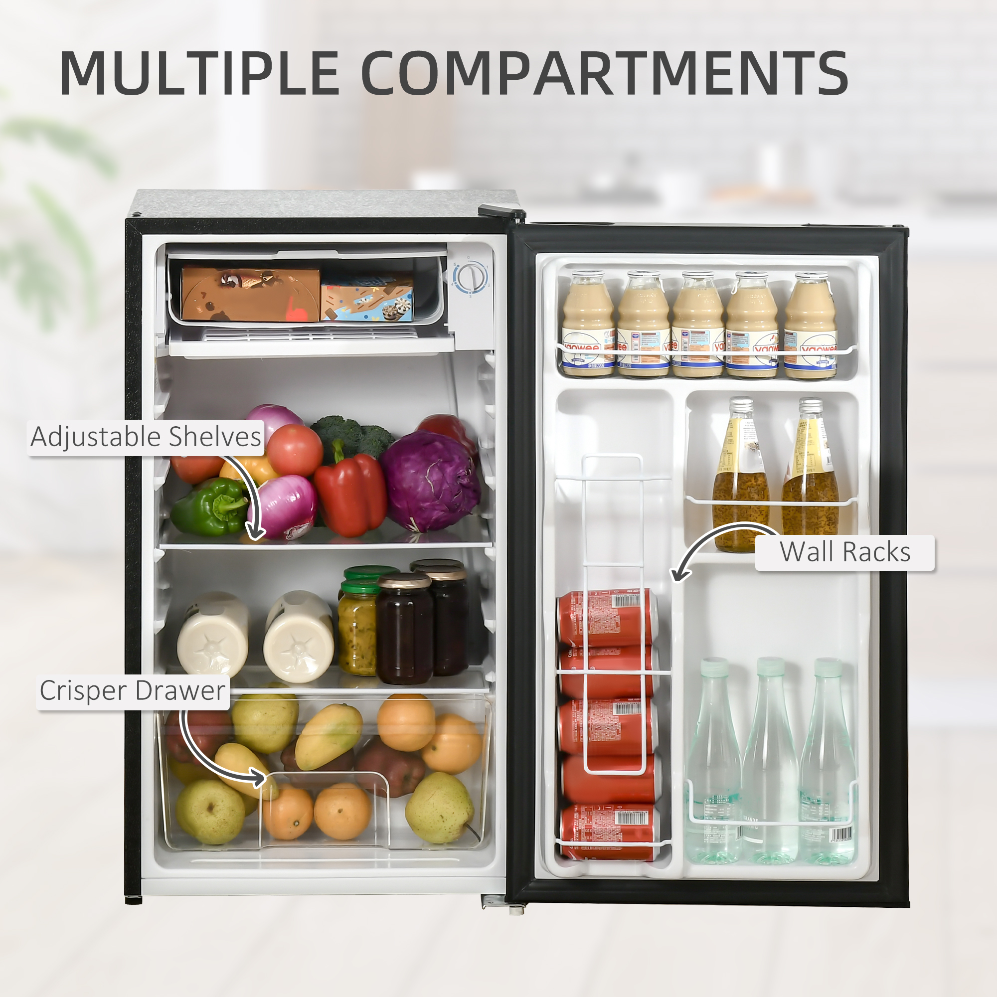  3.2 Cu.Ft Mini Fridge with Freezer, Single Door Compact Refrigerator with Adjustable Thermostat, Shelf and Reversible Door for Bedroom, Dorm, Home Office, Energy Efficient, Black